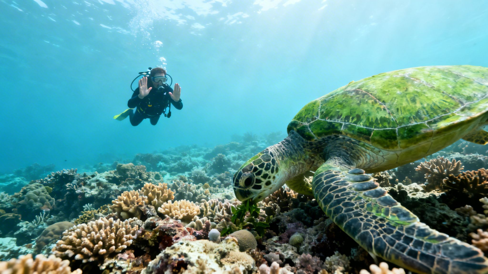 A scuba diver observes a large green sea turtle eating coral on a vibrant reef.