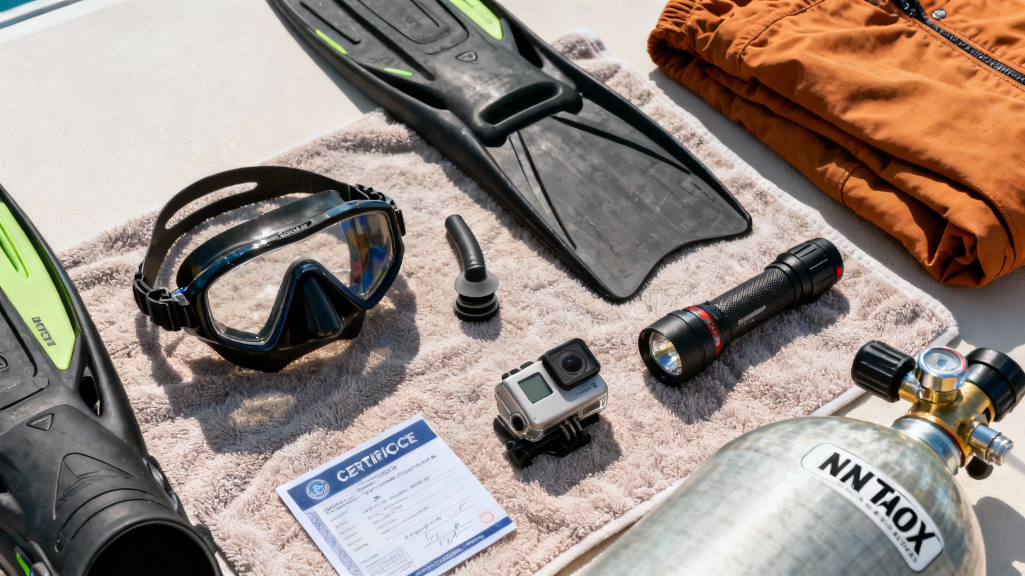 Scuba diving equipment, including a mask, fins, tank, GoPro, and flashlight, laid out on a towel.