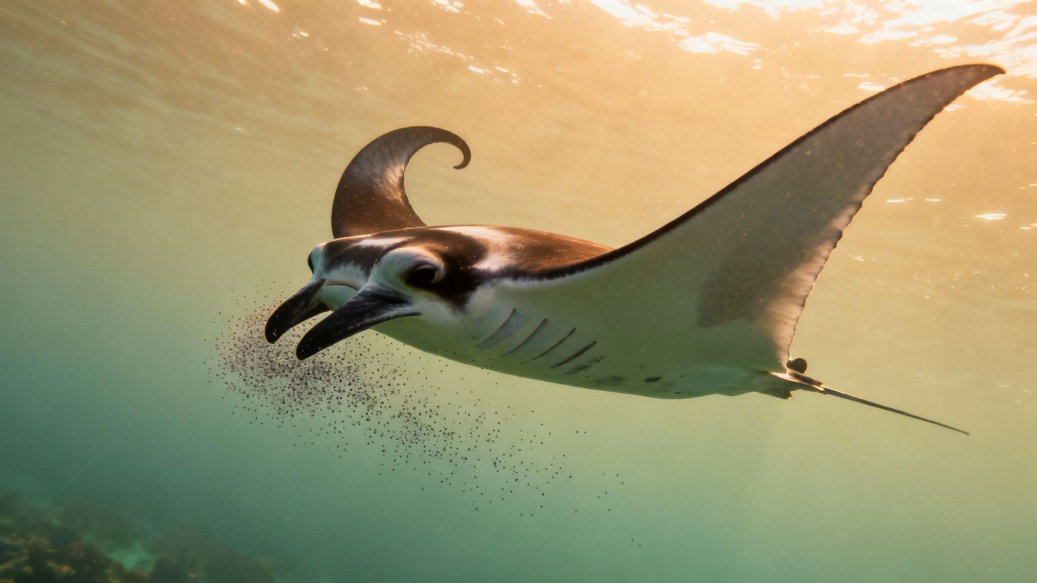 Two large manta rays swimming gracefully in the ocean during a night dive in Kona.