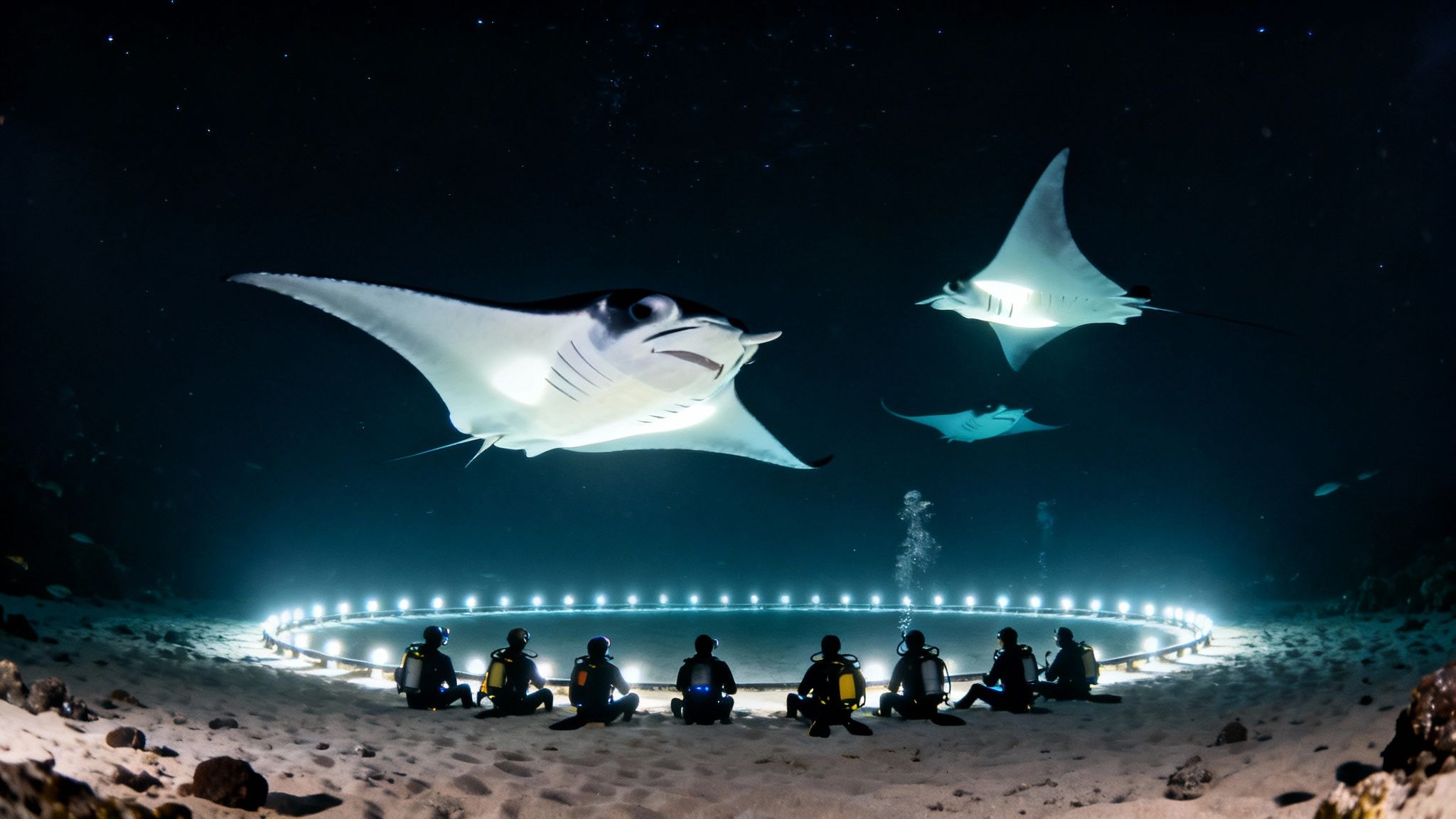 Graceful manta ray gliding through dark ocean waters illuminated by dive lights