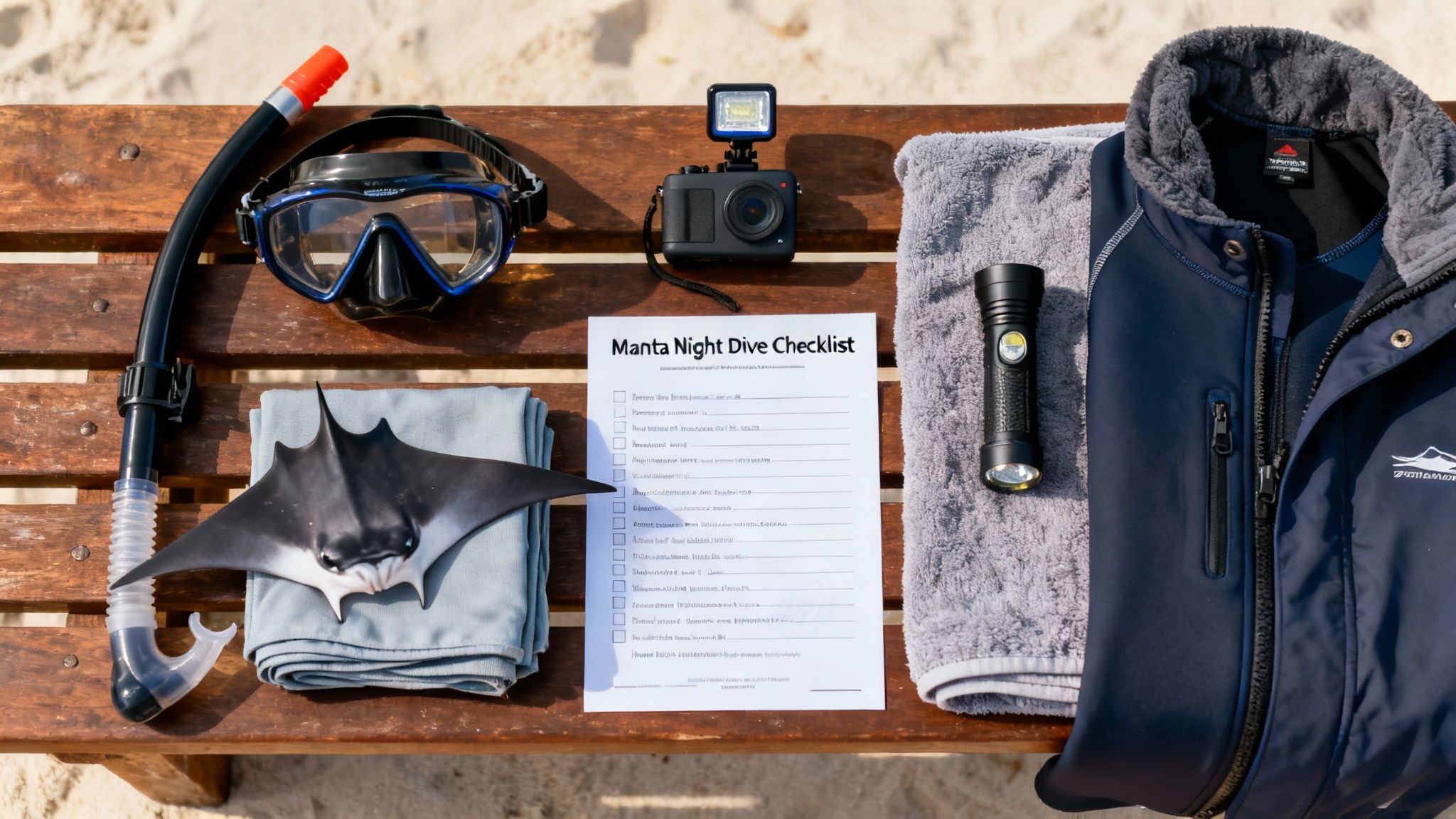 Diving equipment laid out on a wooden surface, including a snorkel, mask, camera, flashlight, jacket, and a 'Manta Night Dive Checklist'.