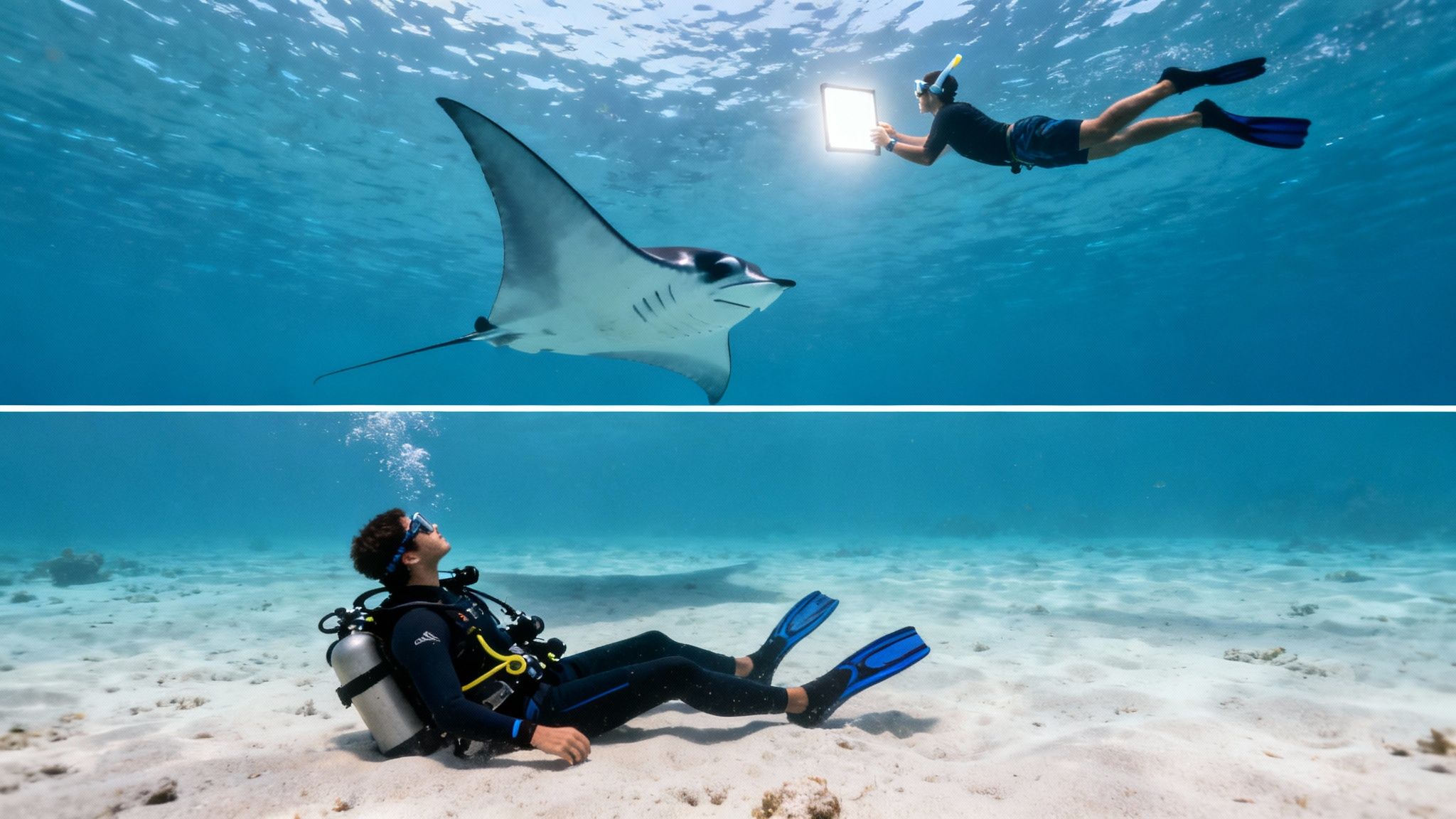 A group of scuba divers on the ocean floor watching a large manta ray swim overhead in Kona.