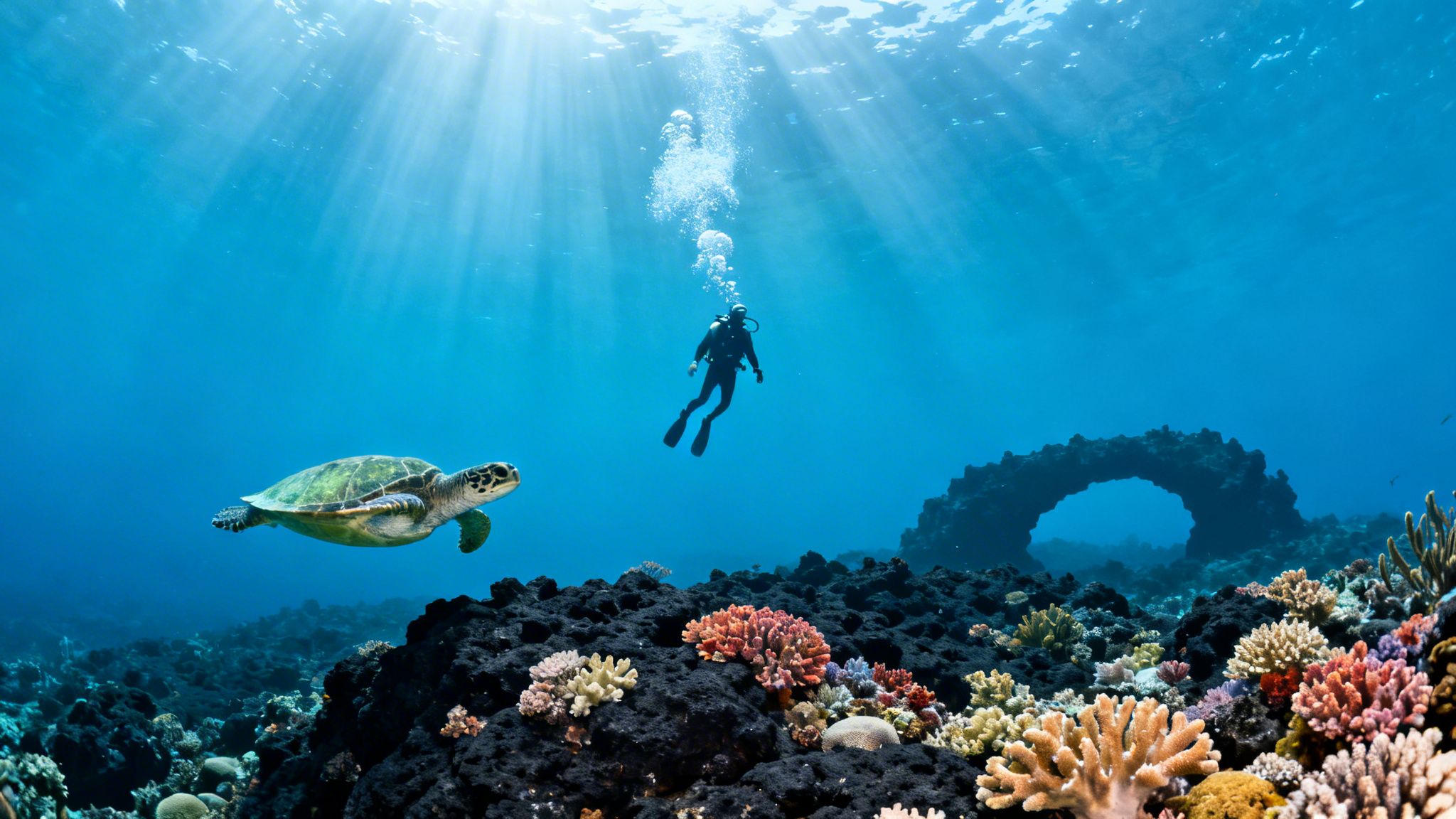 A vibrant underwater scene with a sea turtle, scuba diver, sun rays, and a colorful coral reef.