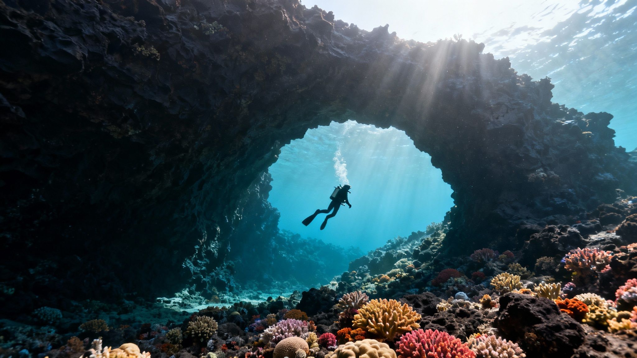A diver swims through a sunlit underwater archway with vibrant coral reefs below.