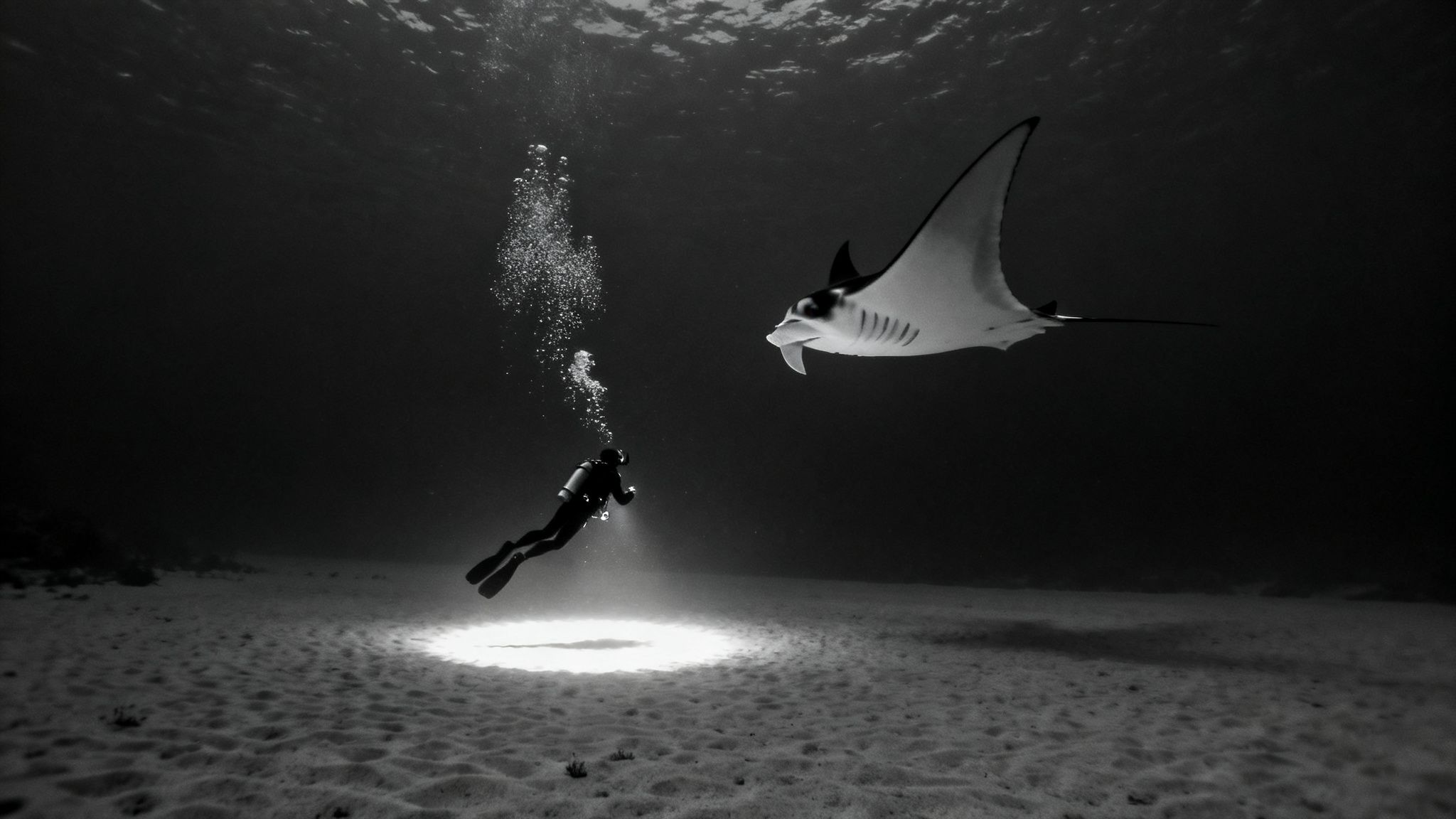 A scuba diver illuminates a graceful manta ray swimming above a sandy ocean floor in black and white.