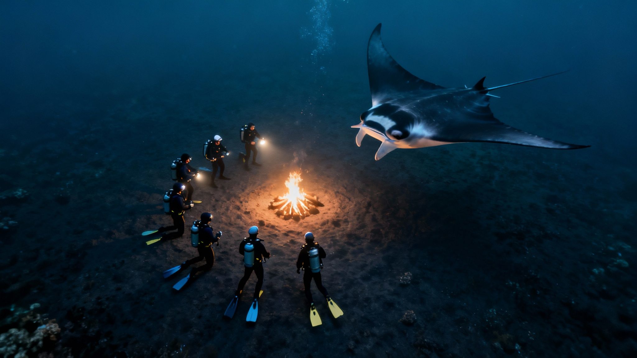 A group of divers on the ocean floor watching a large manta ray glide overhead during a night dive in Kona.