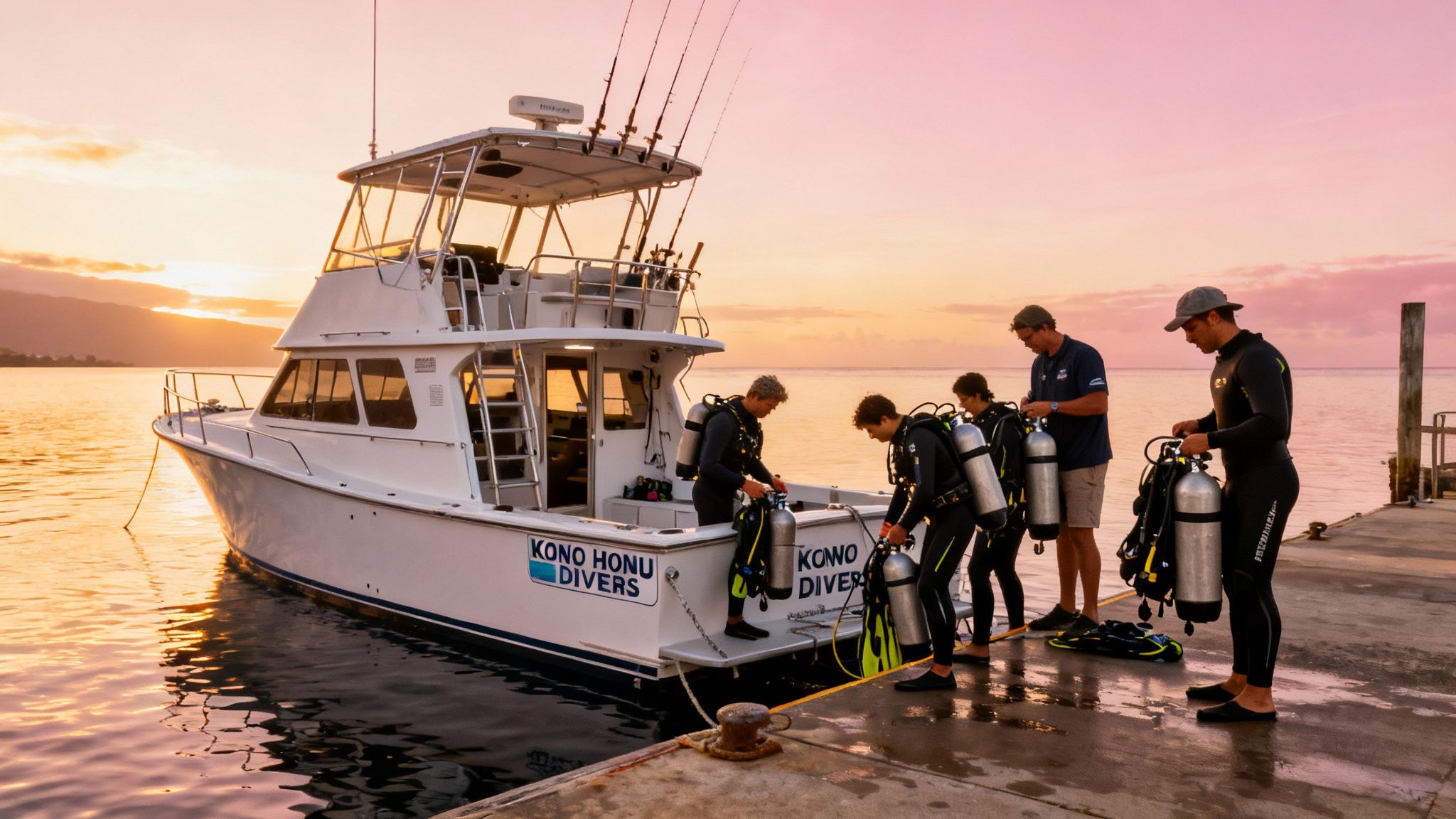 A group of scuba divers prepare their gear on a dock next to a boat at sunrise.