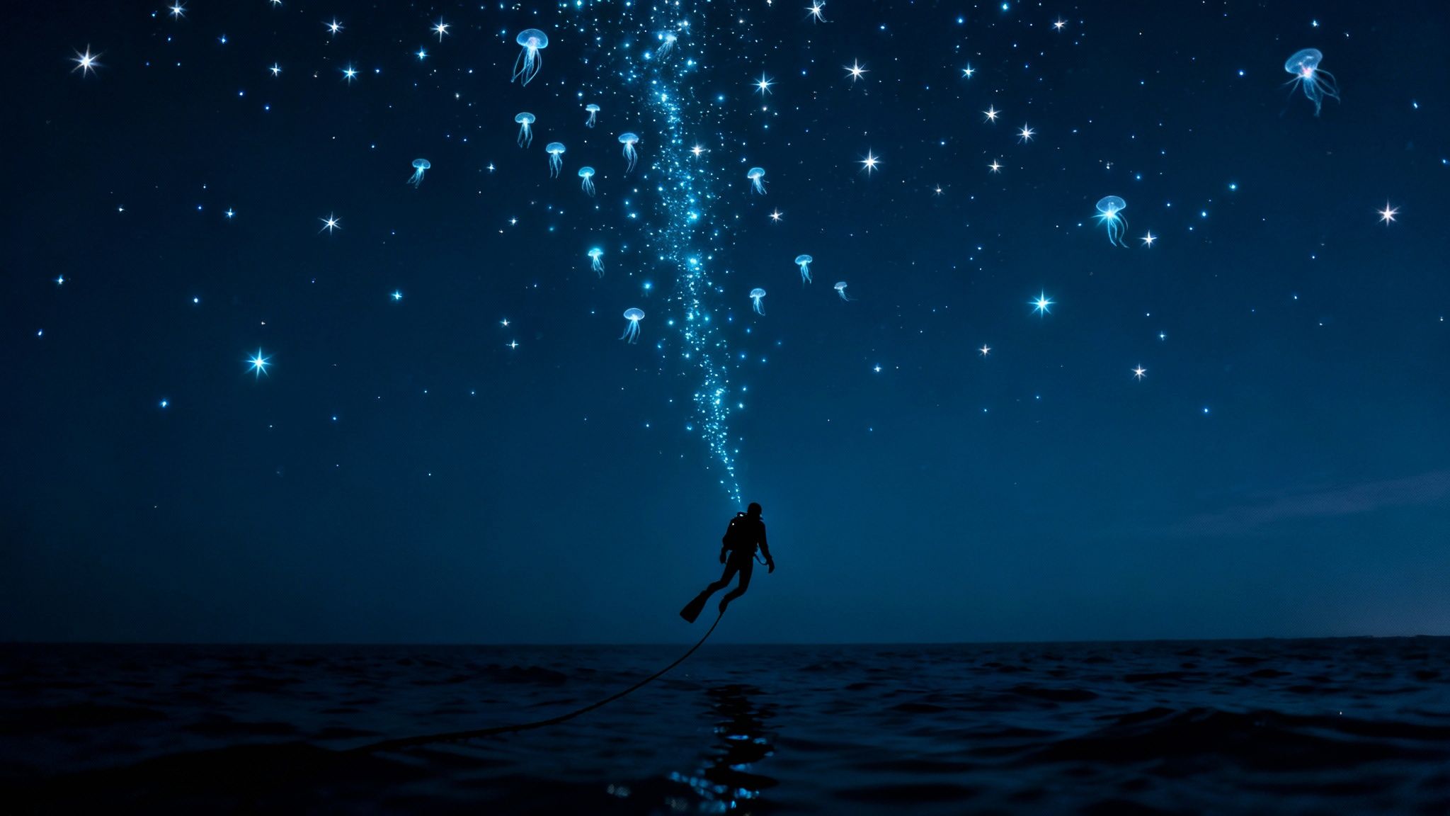 Bioluminescent creatures glowing in the deep dark ocean during a blackwater dive.