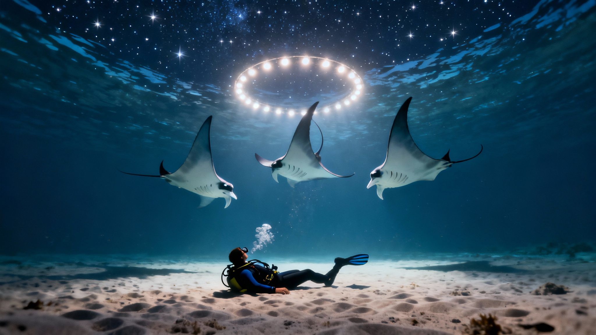 A group of snorkelers observe a large manta ray feeding at night in Kailua Kona.