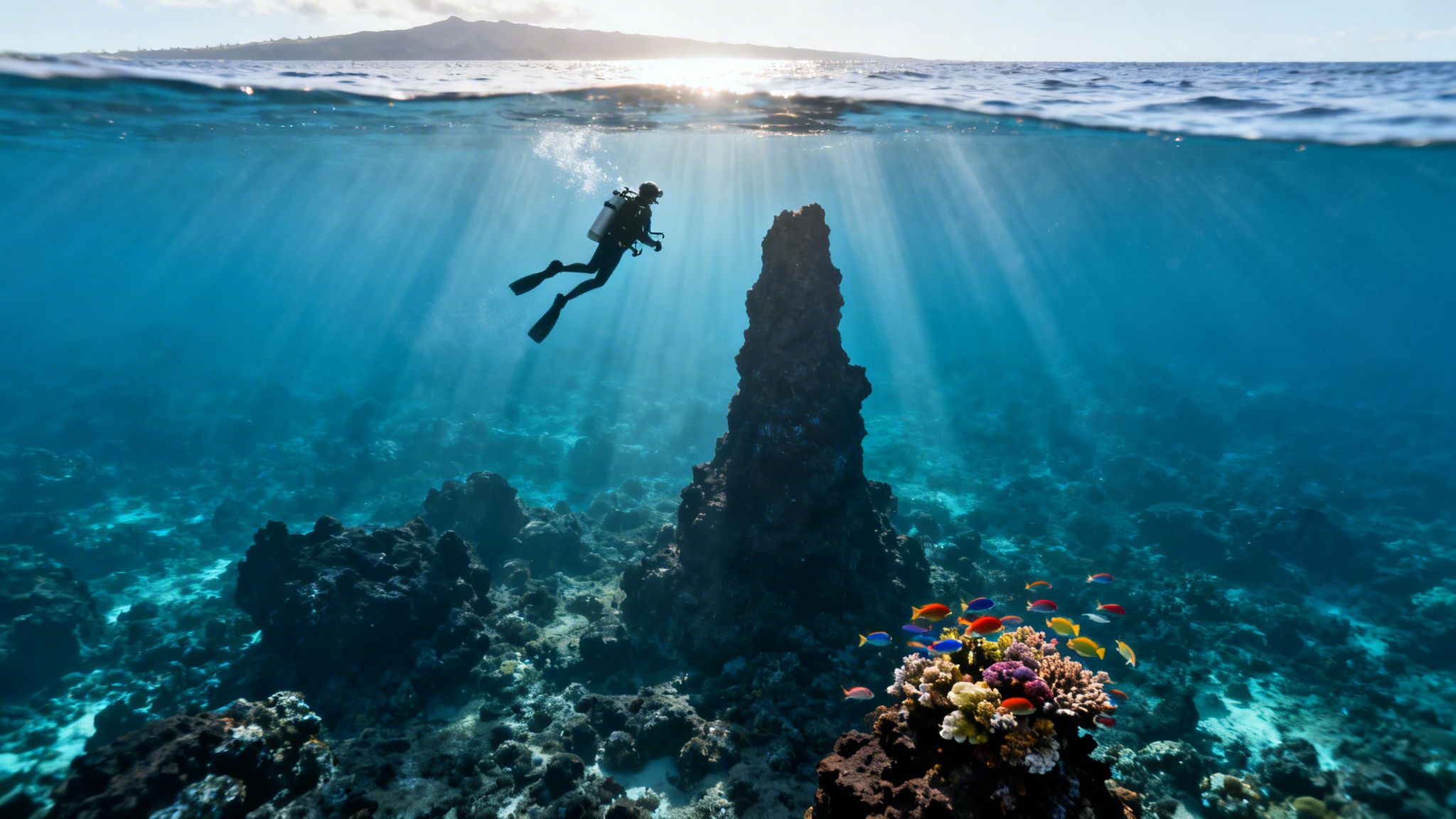 Split shot of a diver exploring a vibrant coral reef with colorful fish and sun rays.