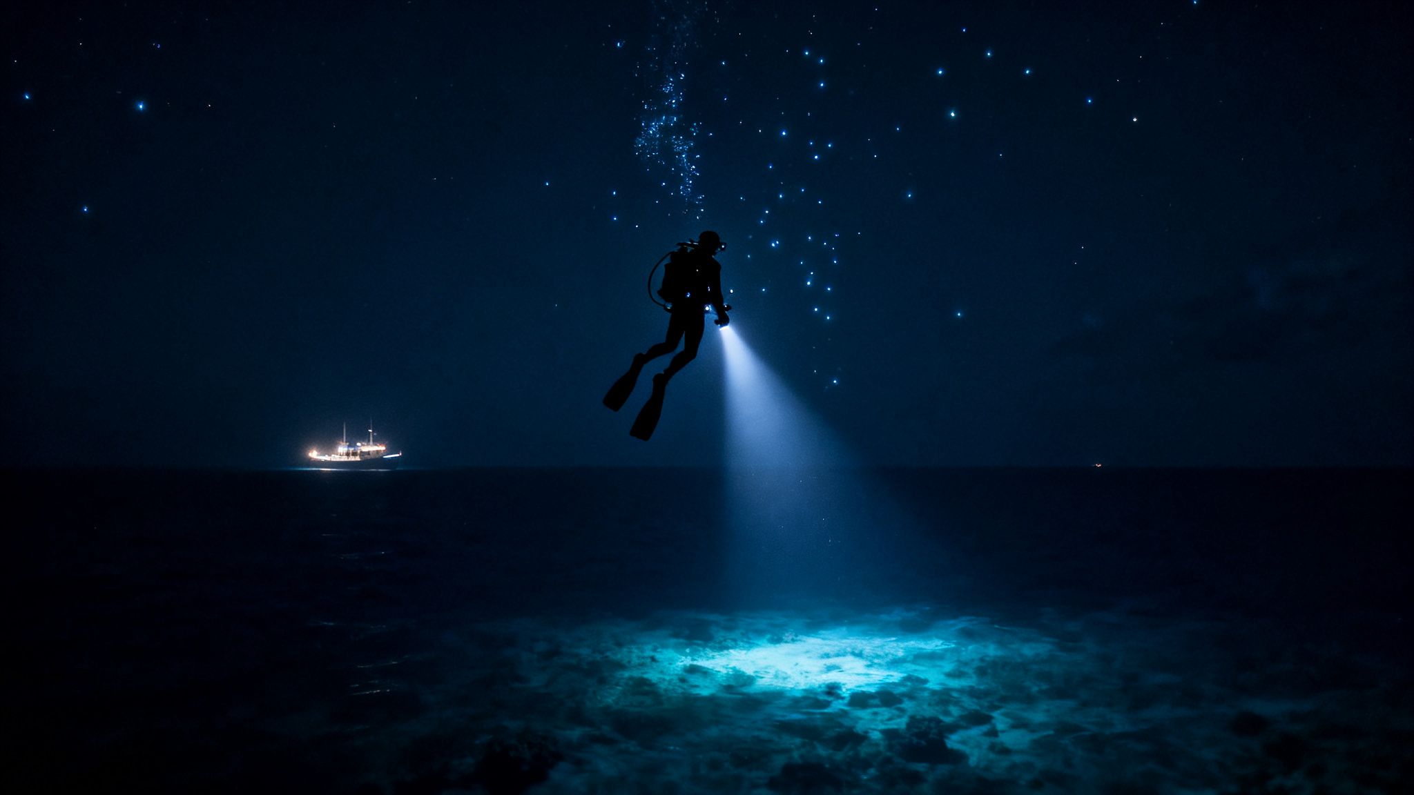 A diver with a flashlight illuminates the dark ocean floor, with a boat and stars visible above.