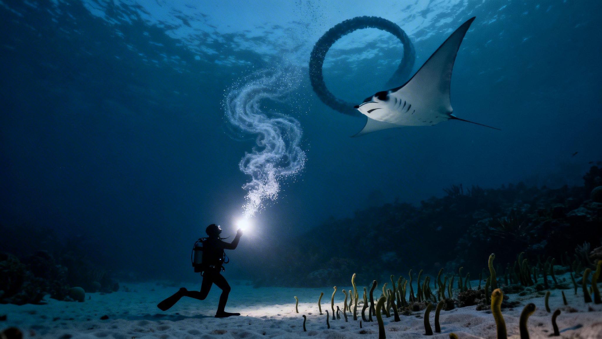 A scuba diver on the sandy seabed shines a bright light towards a majestic manta ray underwater.
