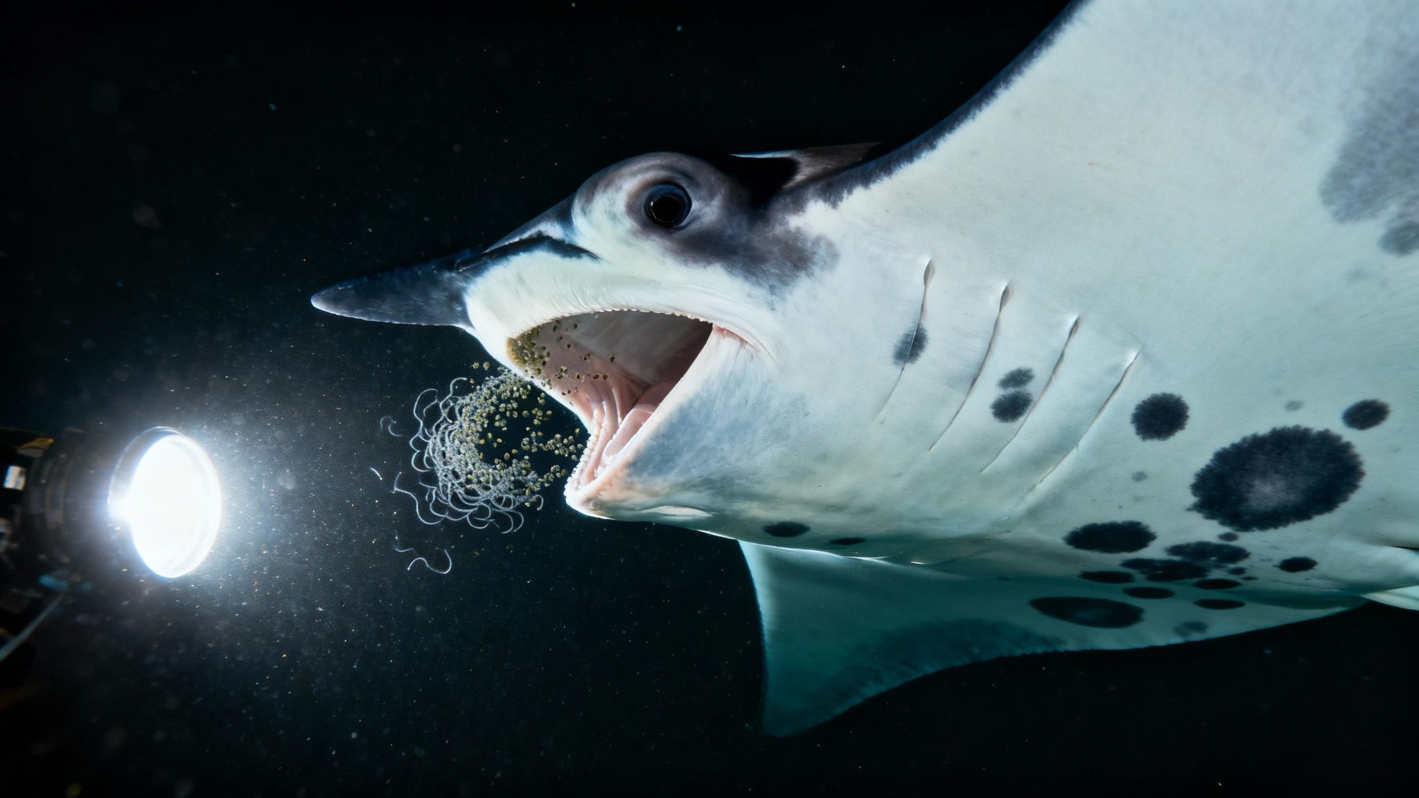 A manta ray gracefully swims near the ocean surface at night, illuminated by dive lights.