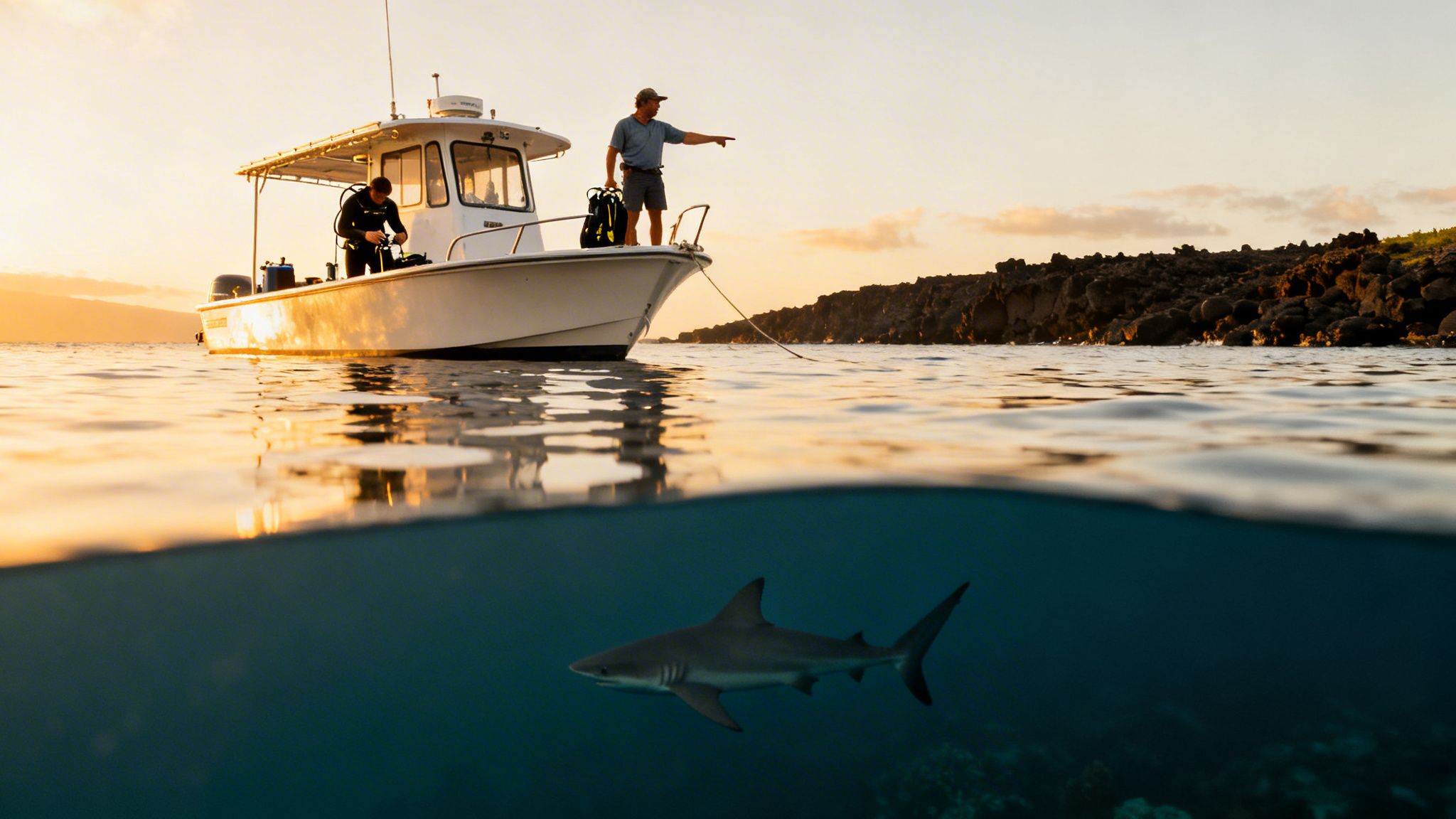 Two divers on a boat above a shark swimming in the ocean at golden hour.