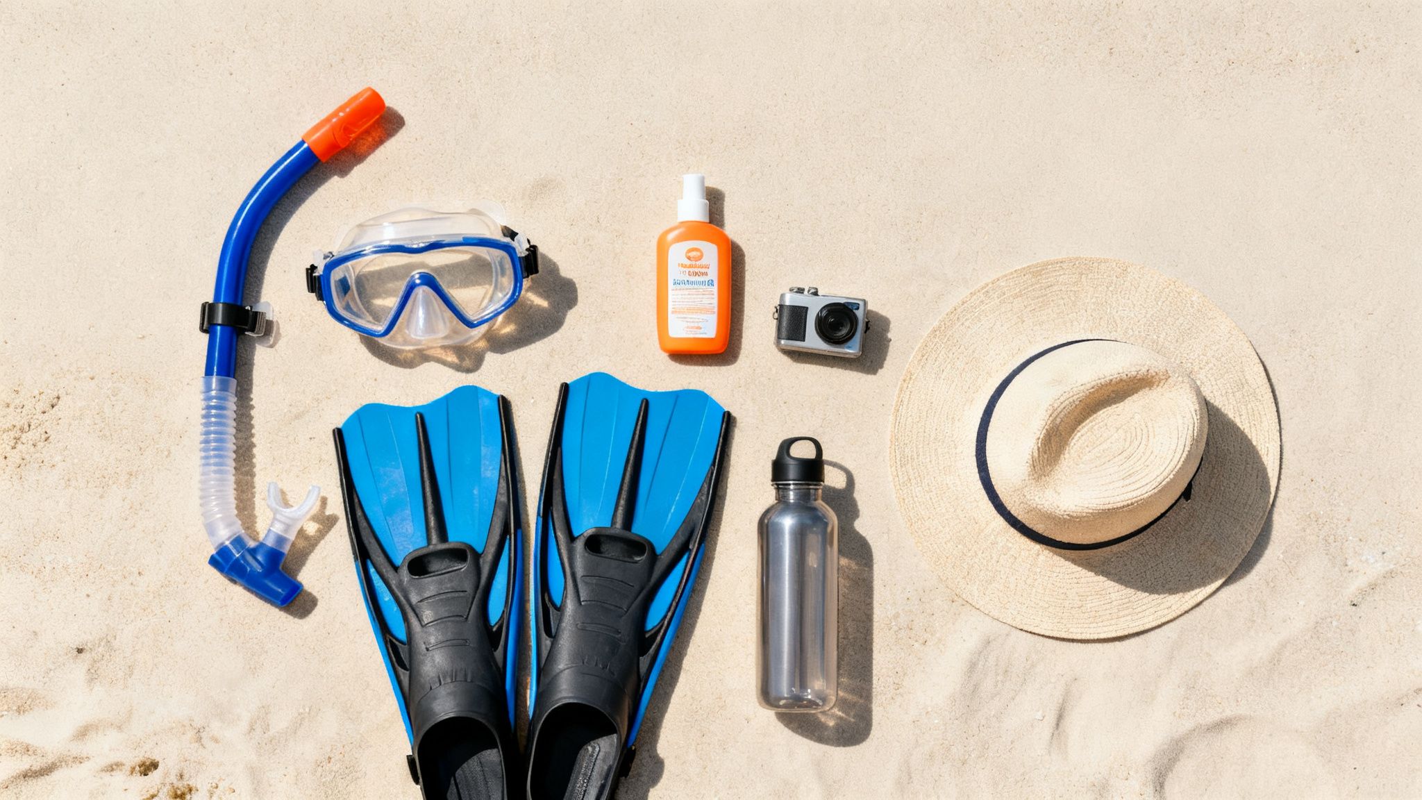 Flat lay of snorkeling gear, sun protection, and beach essentials laid out on sand.