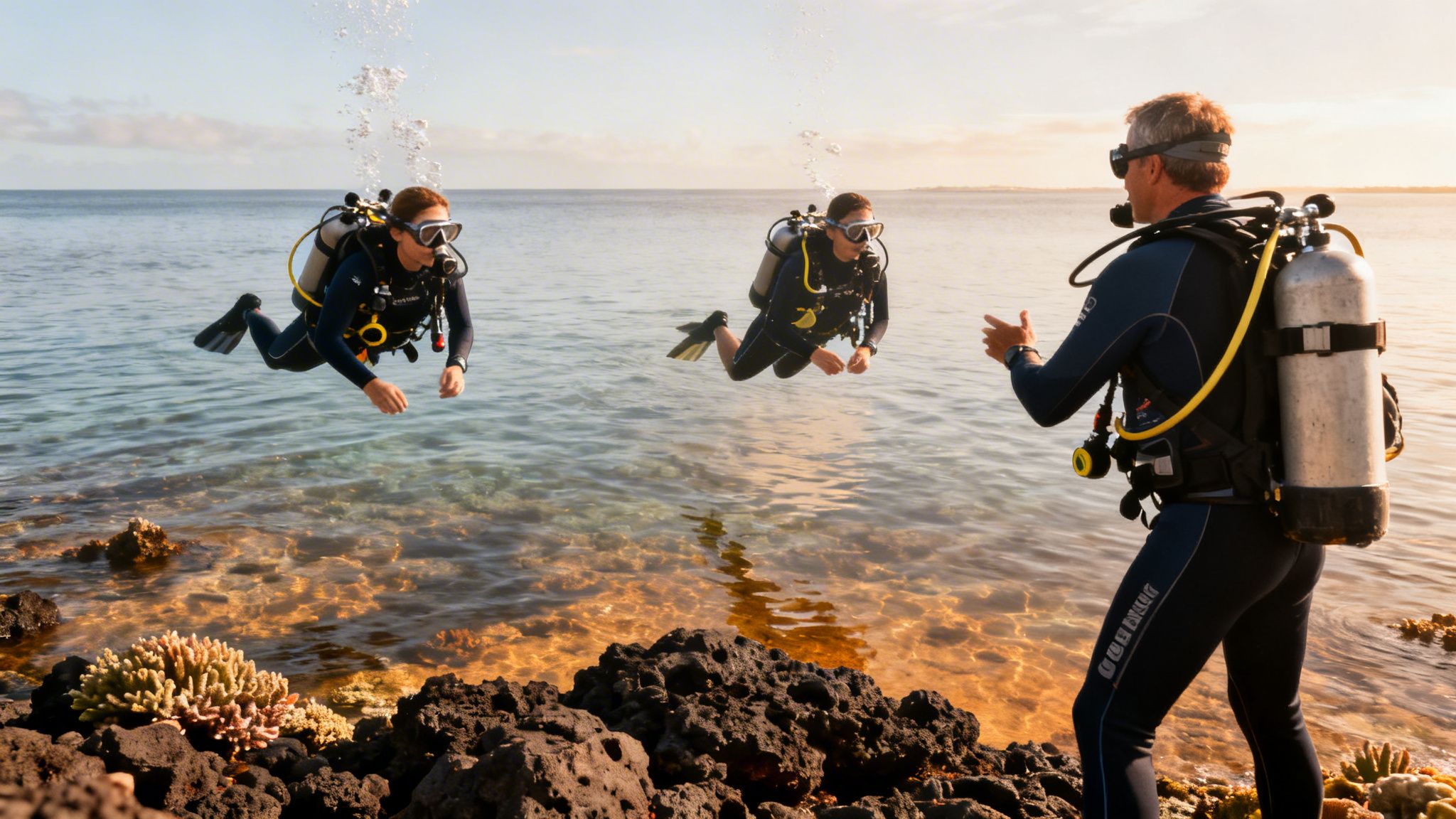 Three scuba divers, two in water and one on shore, prepare for a dive near coral.