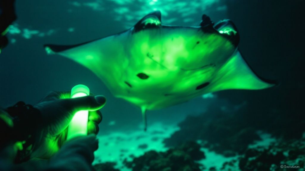 A scuba diver maintaining a safe, respectful distance while a manta ray glides gracefully overhead.