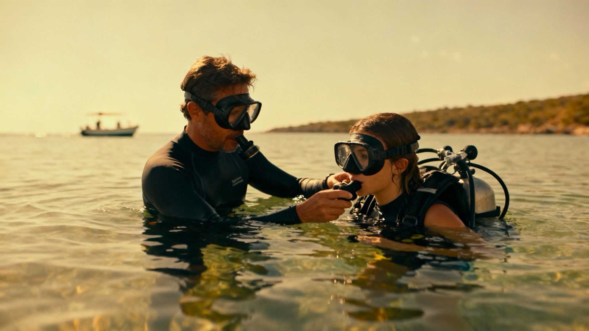 An instructor helps a young woman with her scuba gear in calm, clear ocean water.