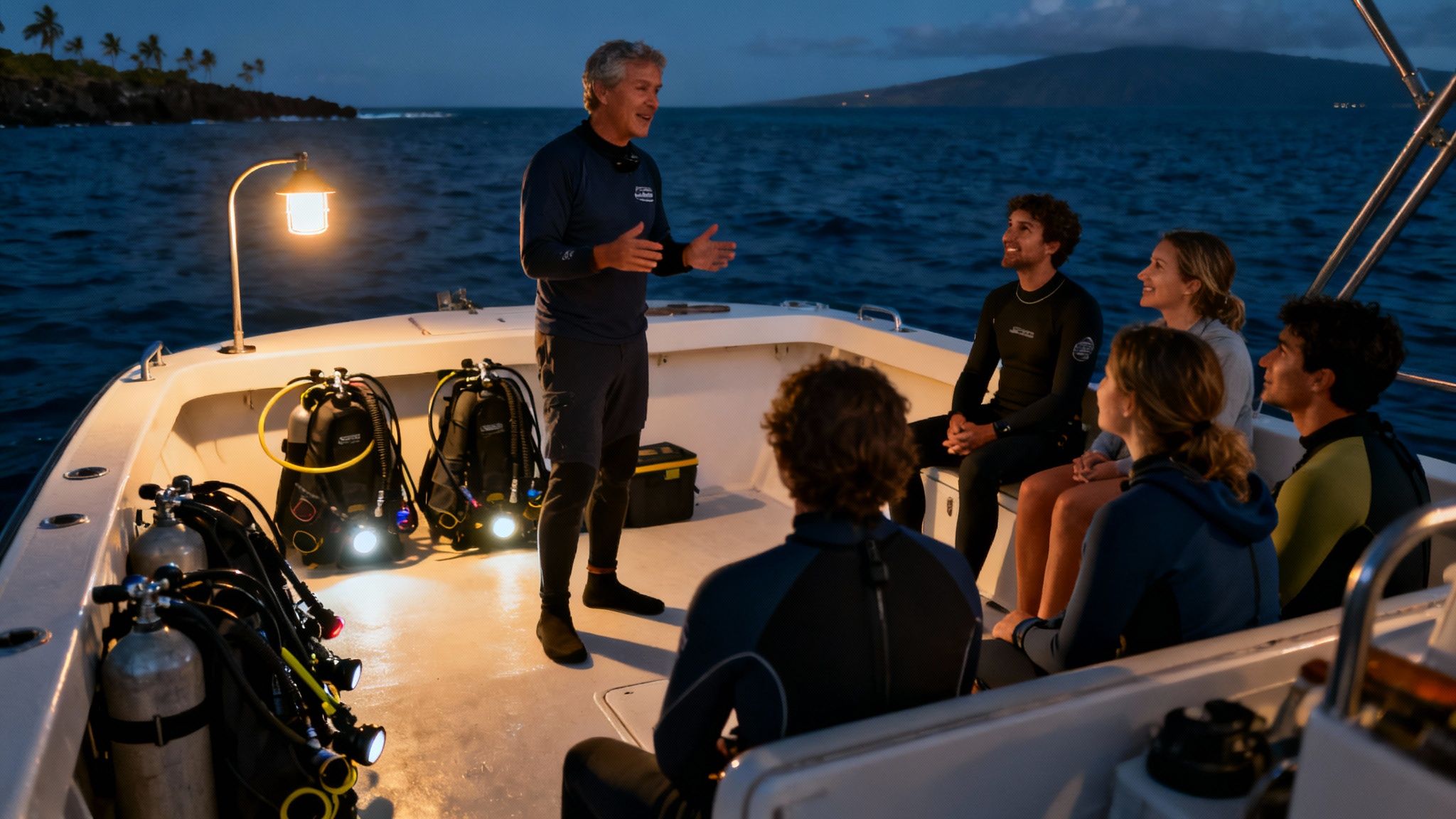 Divers getting a pre-dive briefing from a Kona Honu Divers guide.