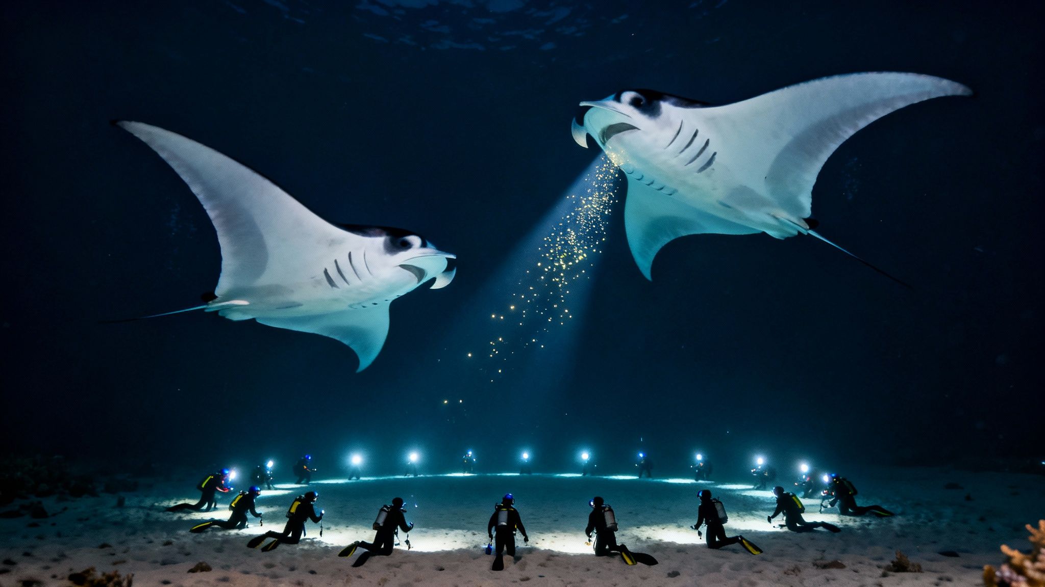 Scuba divers with lights gather in a semicircle underwater at night, watching two manta rays feeding on glowing plankton.