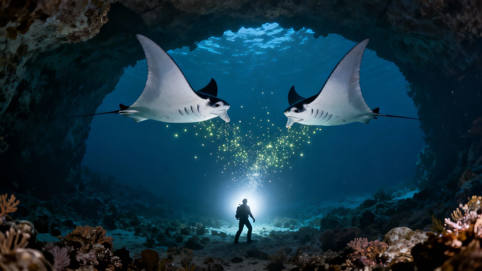 Two manta rays swim above a diver lighting up an underwater cave with coral reefs.