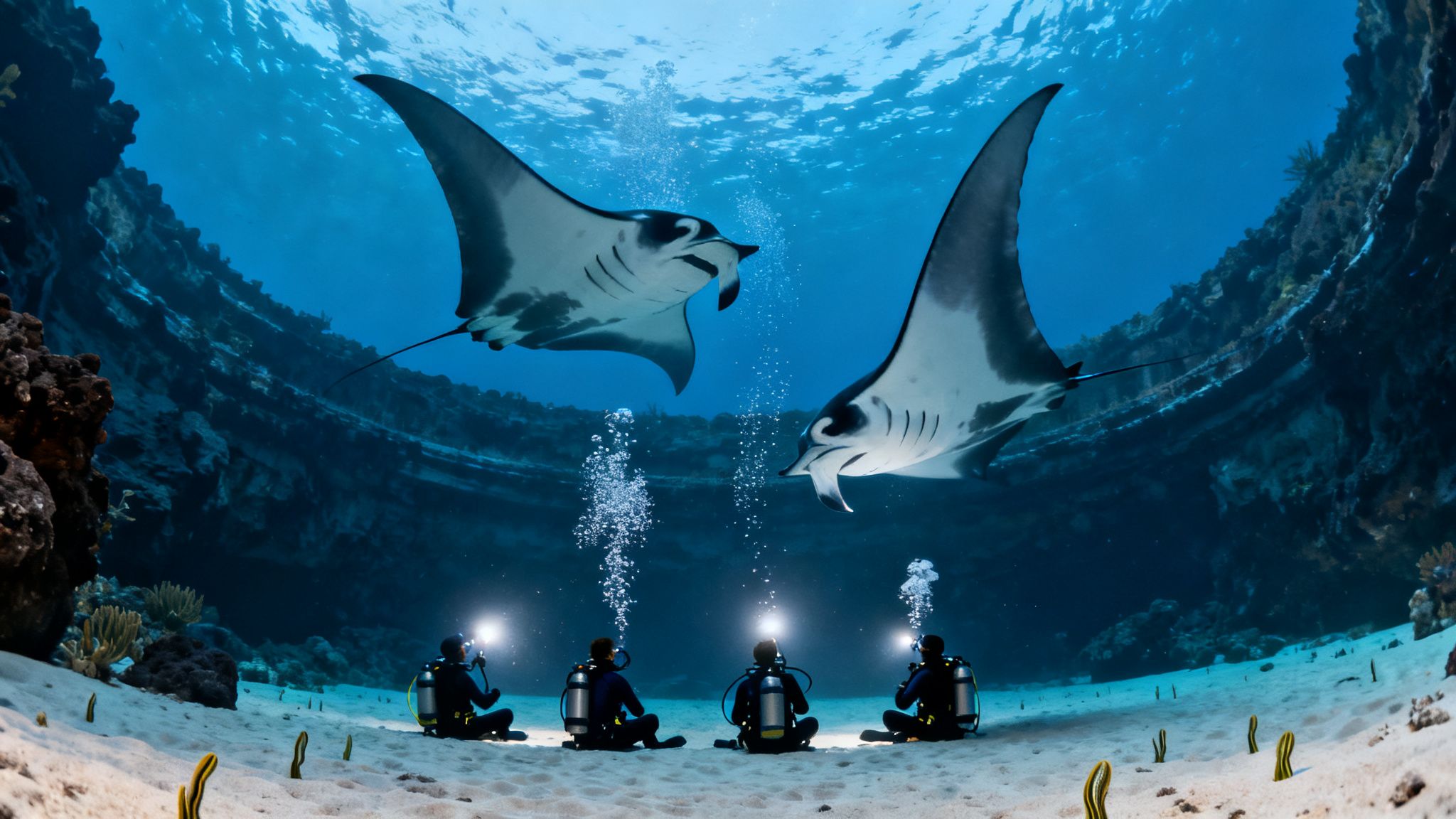 Four scuba divers with torches sit on a sandy seafloor, watching two manta rays above.