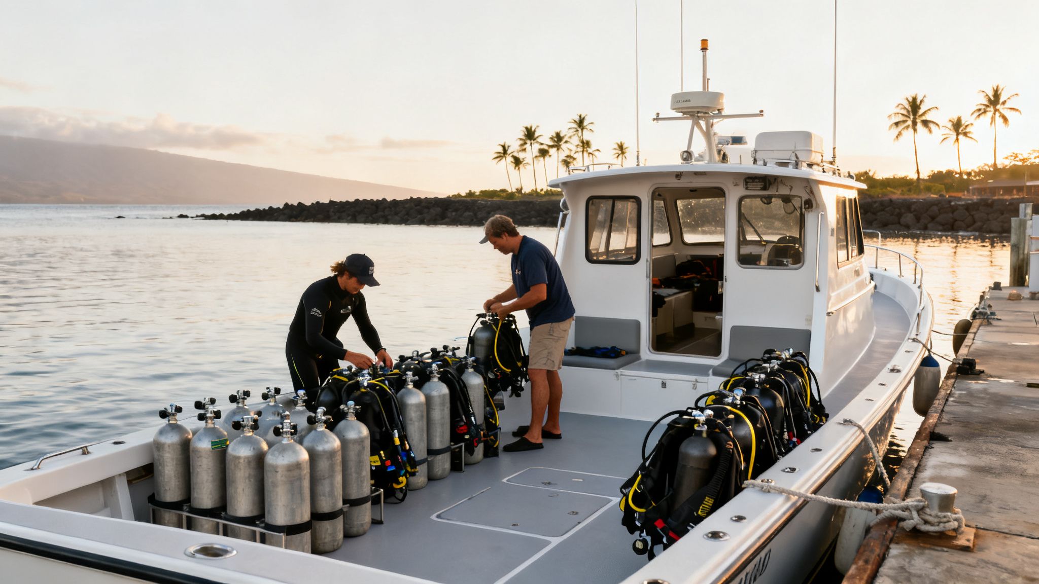 Two men on a boat preparing multiple scuba diving tanks and gear at sunrise by the coast.