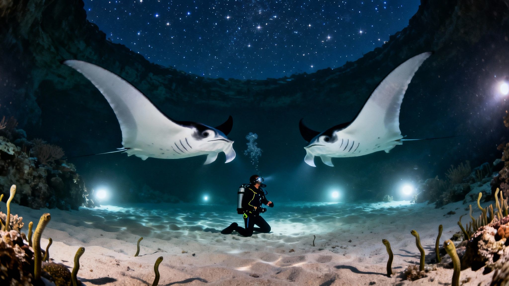 A diver kneels on a sandy ocean floor, illuminated by lights, with two manta rays overhead under a starry water surface.