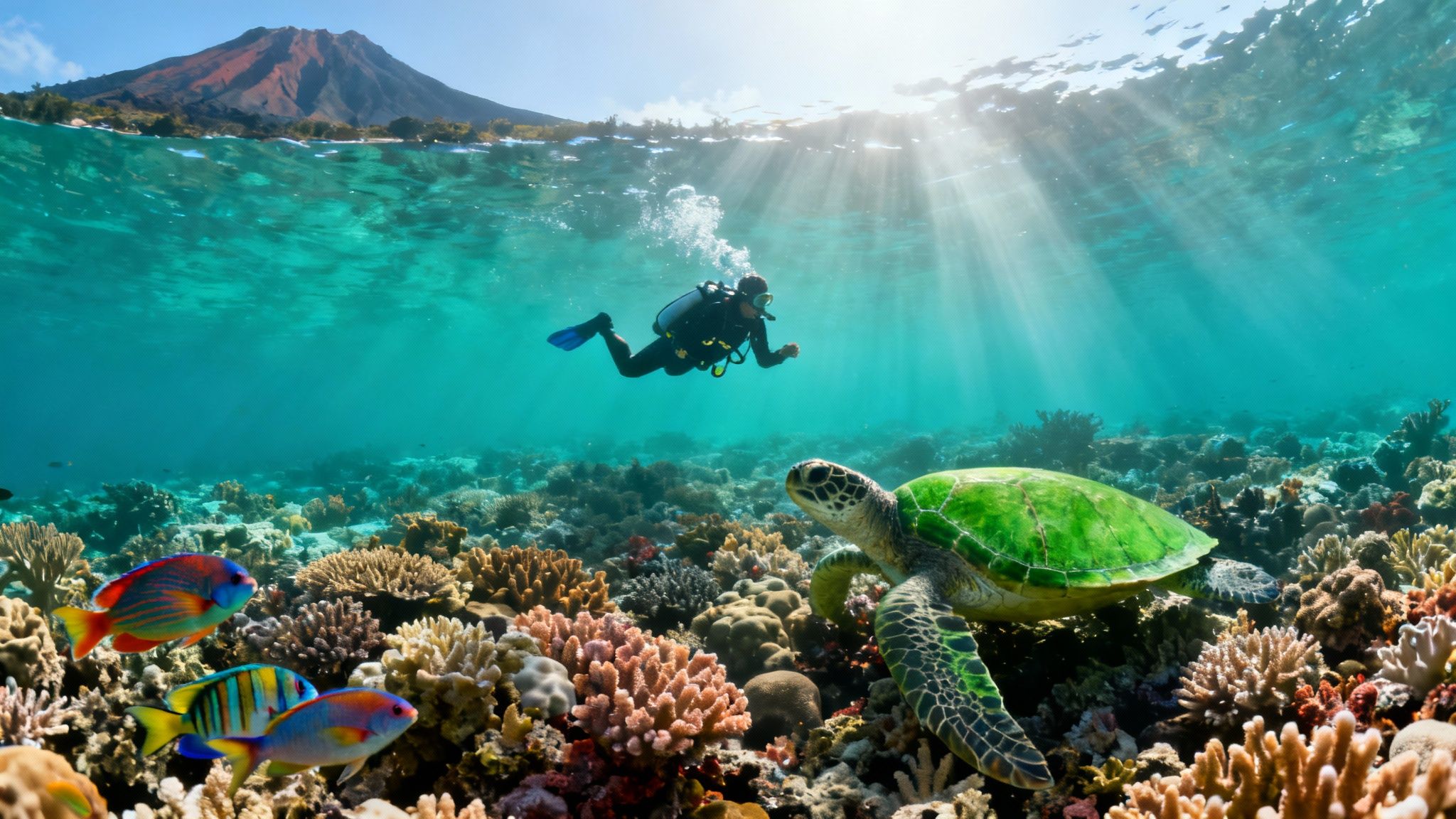 A scuba diver explores a vibrant coral reef with a sea turtle, colorful fish, and a volcanic island above water.