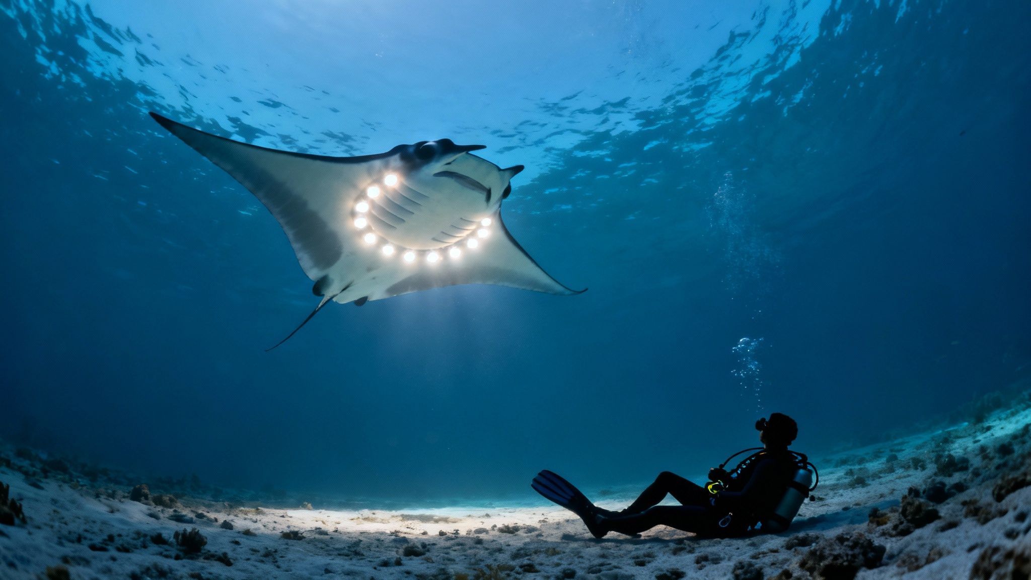 A diver on the ocean floor looks up as a manta ray glides gracefully overhead, illuminated by dive lights.