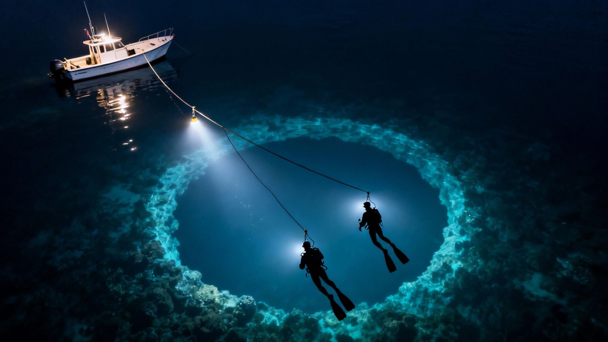Two divers explore a deep blue hole at night, illuminated by lights from a boat above.