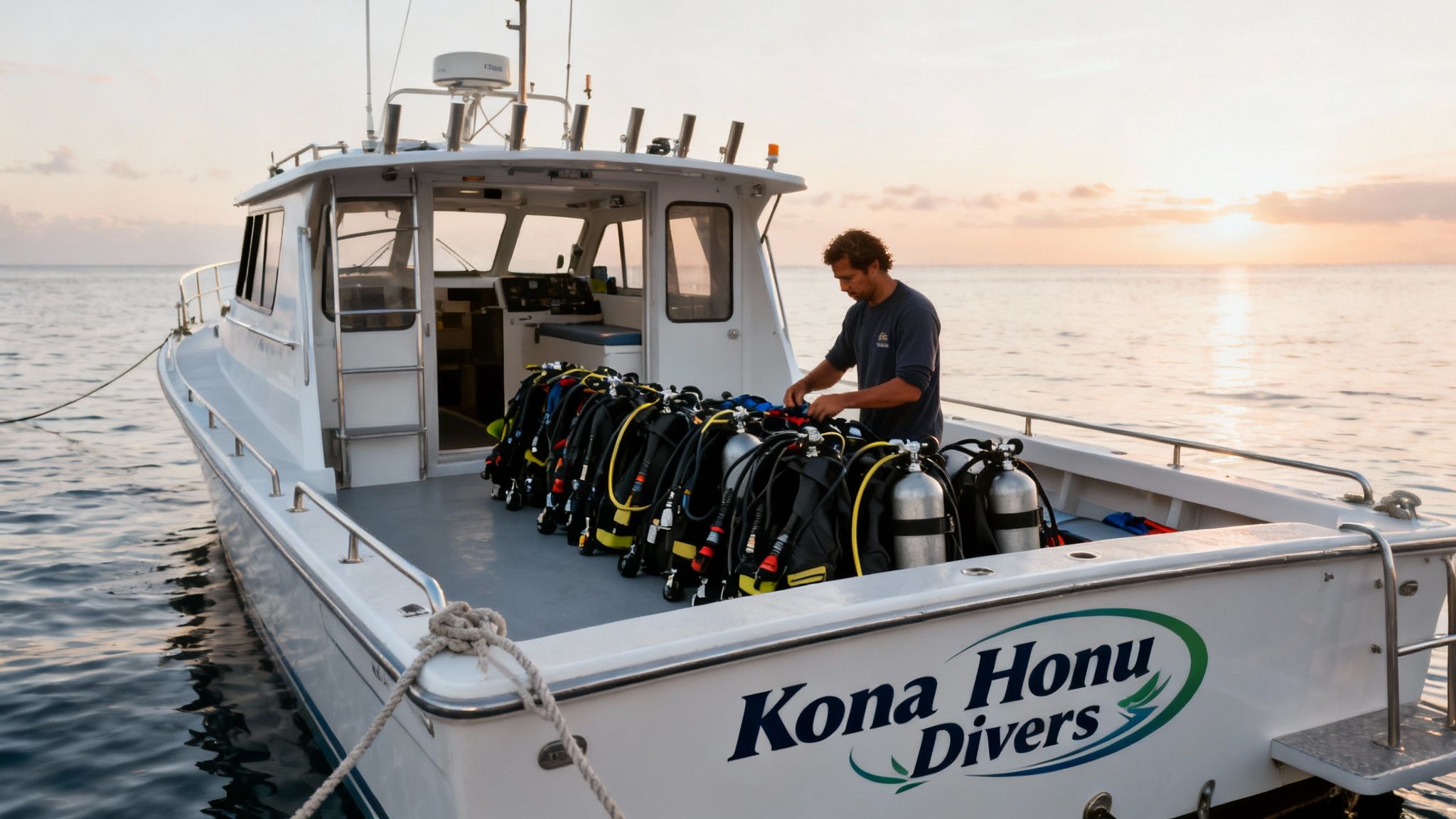 A man on a white dive boat named Kona Honu Divers prepares numerous scuba tanks at sunset.