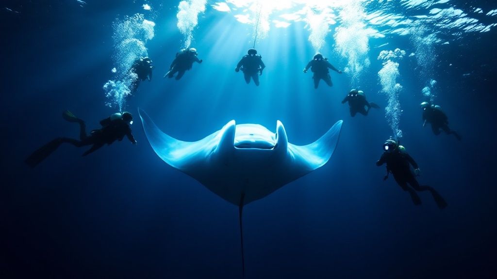 A manta ray glides gracefully over a group of scuba divers during a night dive in Kailua Kona.