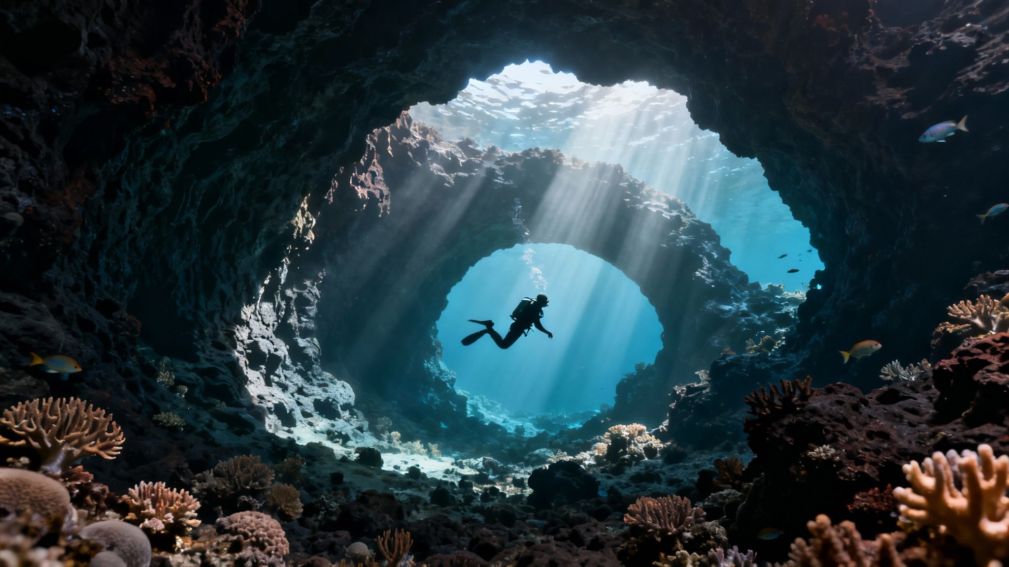 A solo scuba diver explores a majestic underwater cave illuminated by dramatic sunbeams.