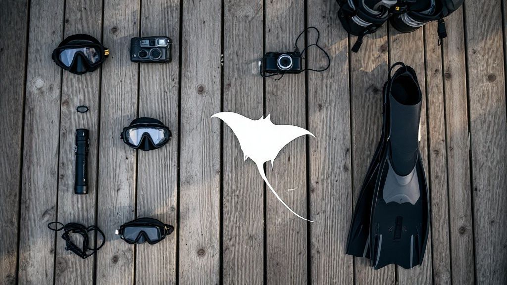 A diverse group of snorkelers happily looking at manta rays in clear water.