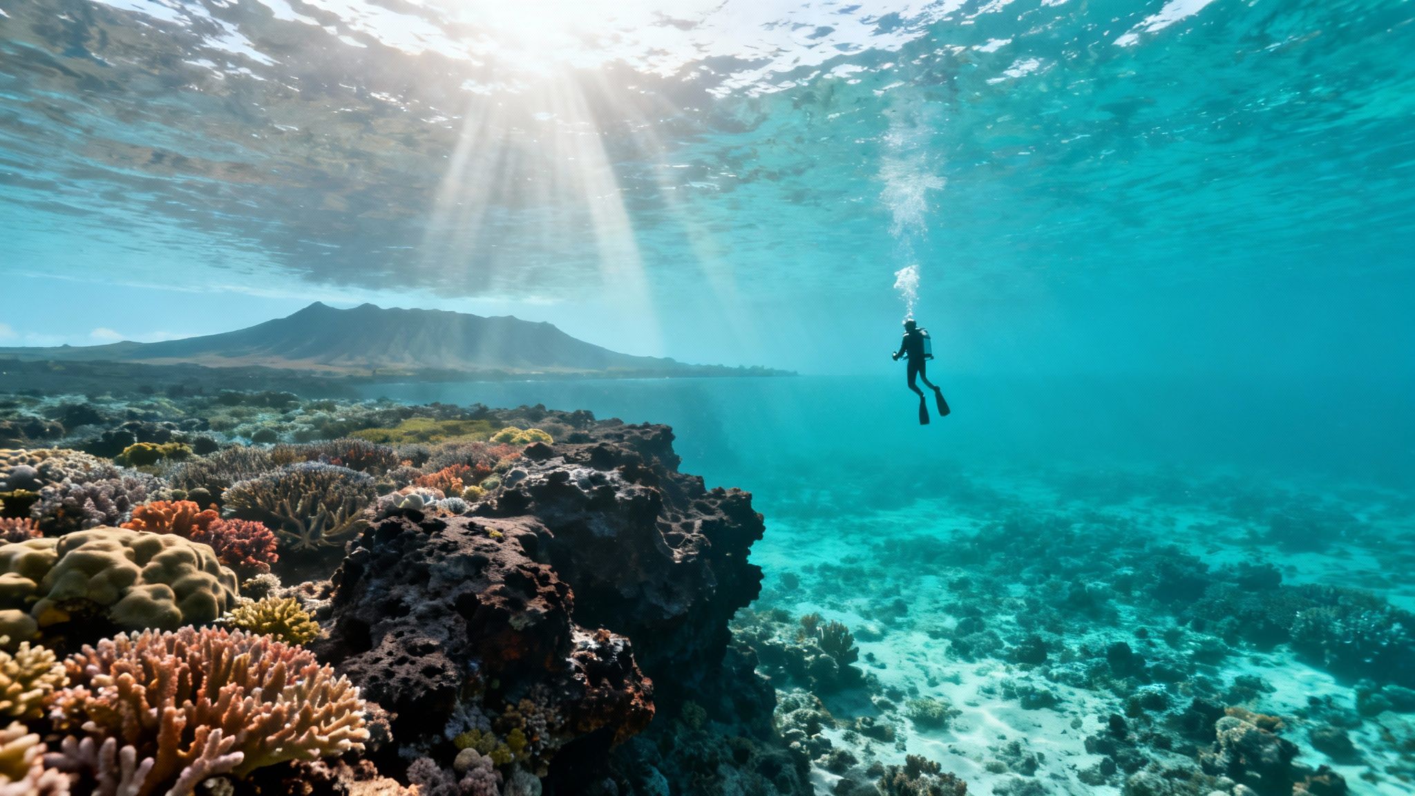 A scuba diver swims over a coral reef with a sea turtle in the clear blue water.