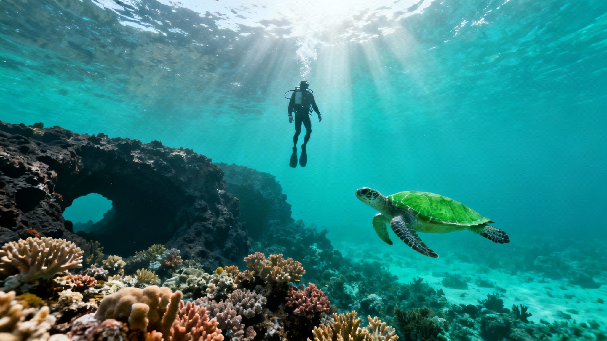 A scuba diver observes a green sea turtle swimming over a vibrant coral reef with sun rays.