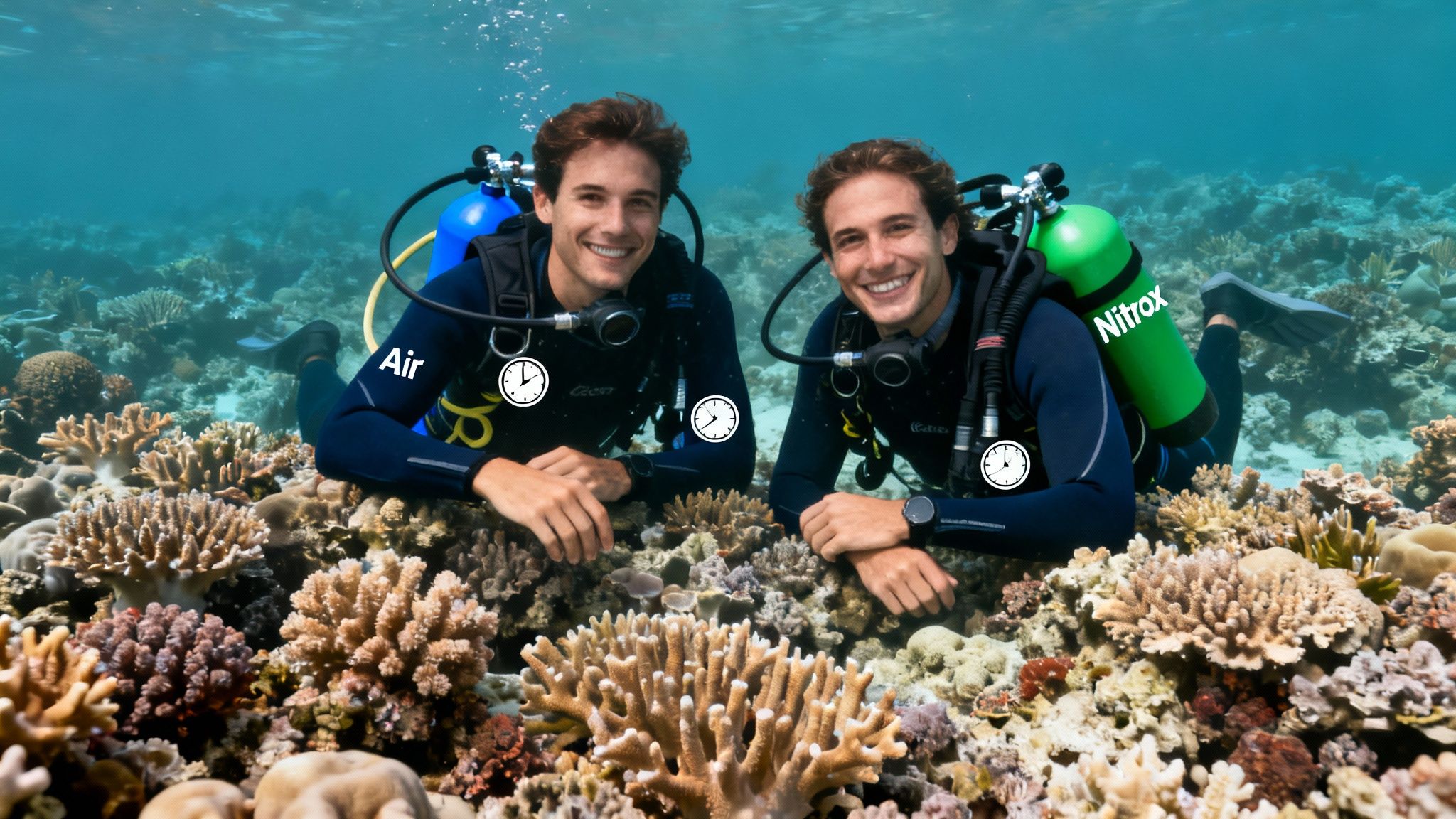 Two smiling divers underwater with Air and Nitrox tanks, surrounded by vibrant coral reefs, illustrating dive time.