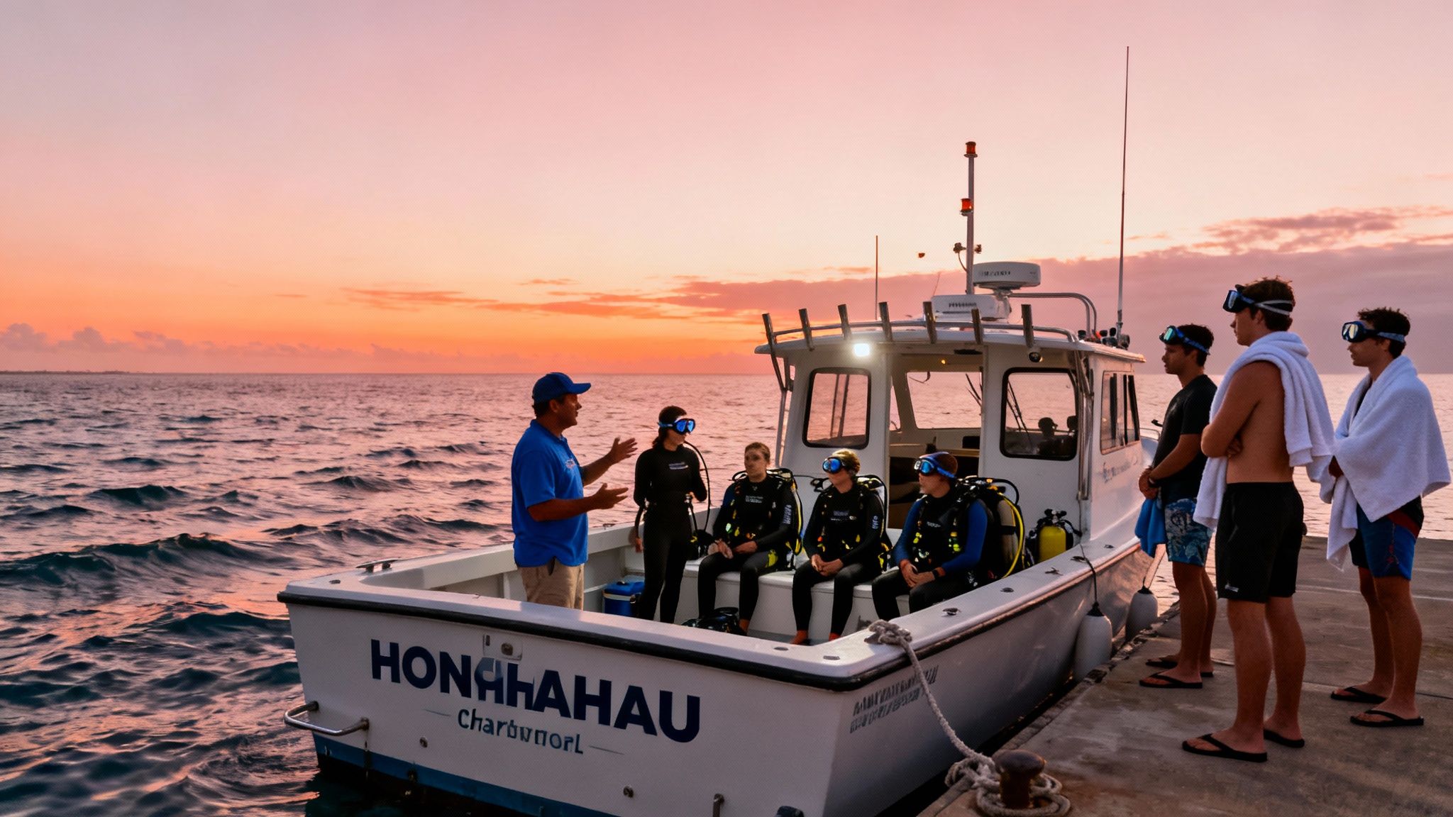 An instructor briefs a group of divers on a boat at sunset, with ocean in background.
