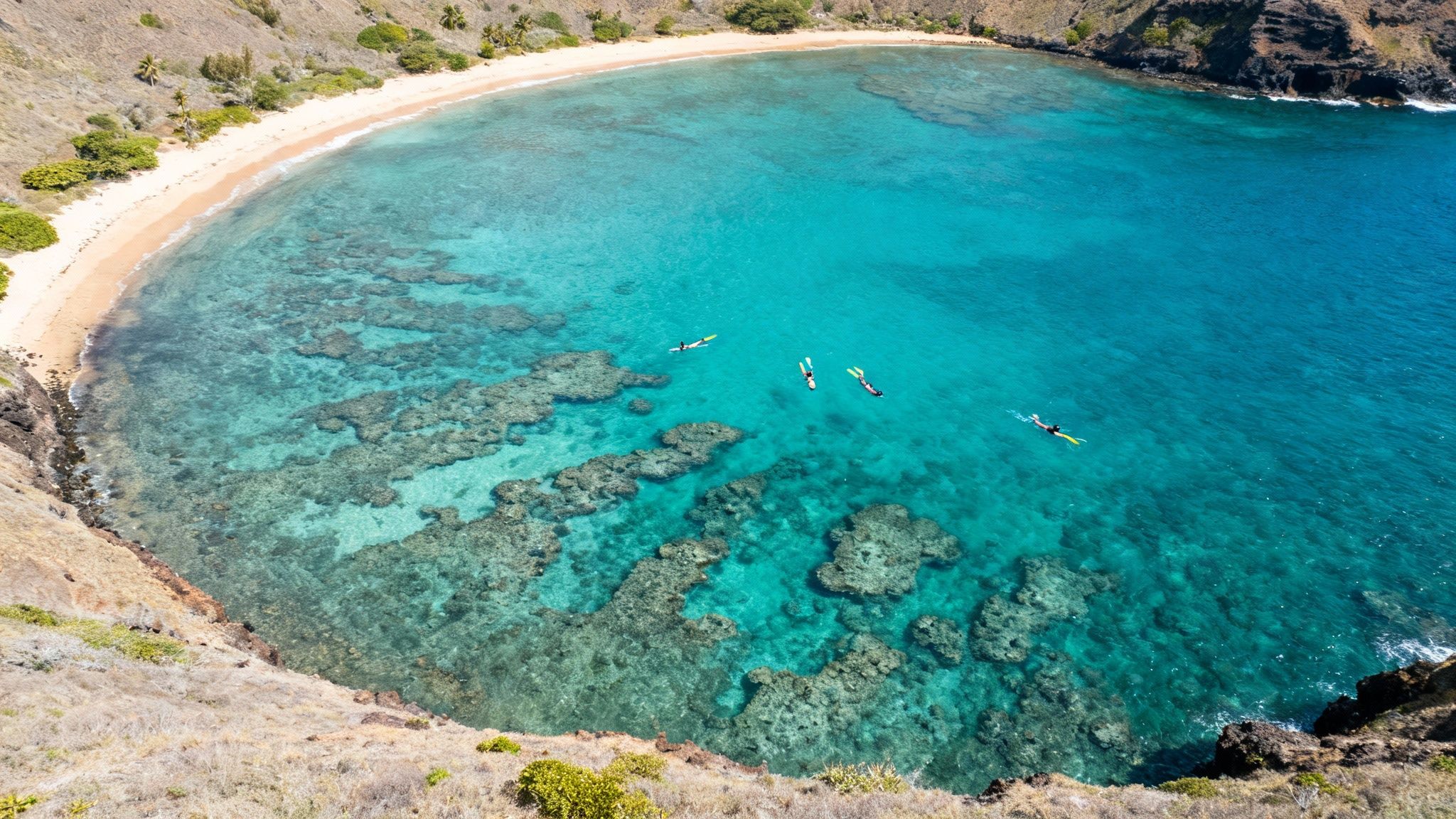 Aerial view of a vibrant turquoise bay with a sandy beach and visible coral reefs, people snorkeling.