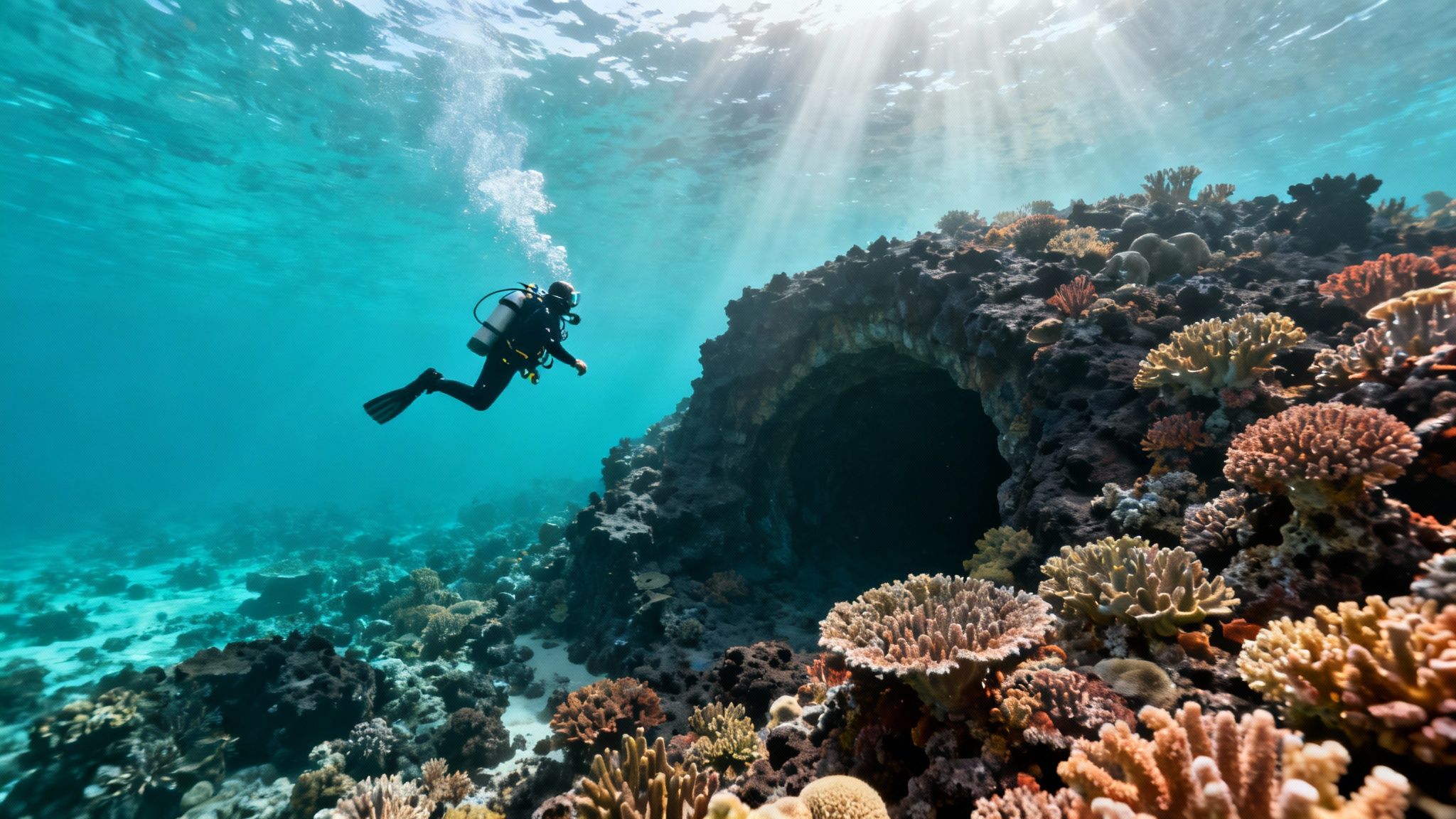 A scuba diver swims near a large green sea turtle over a coral reef on the Big Island.