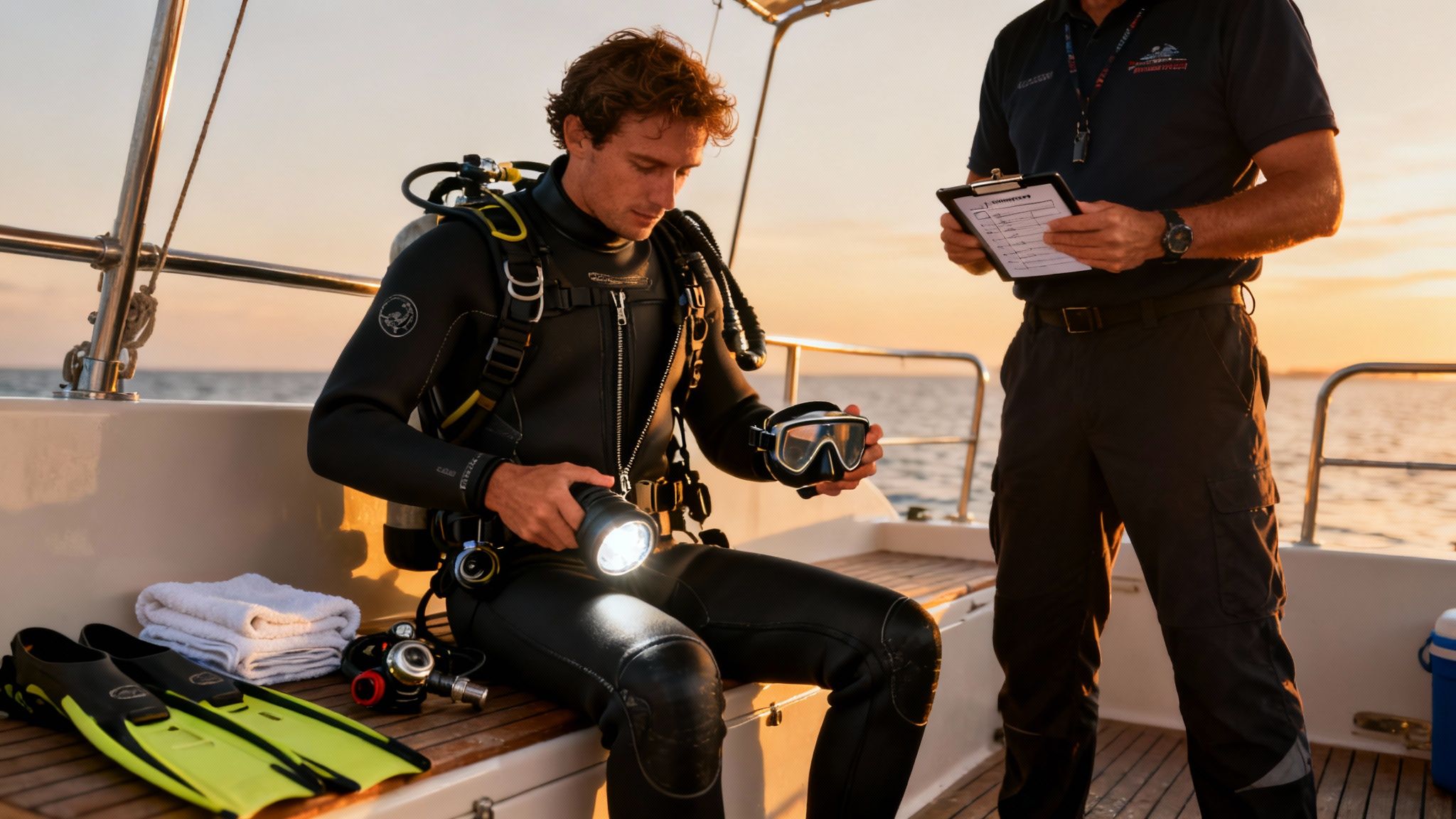 A diver in a wetsuit checks his diving mask and flashlight on a boat, an instructor observes.