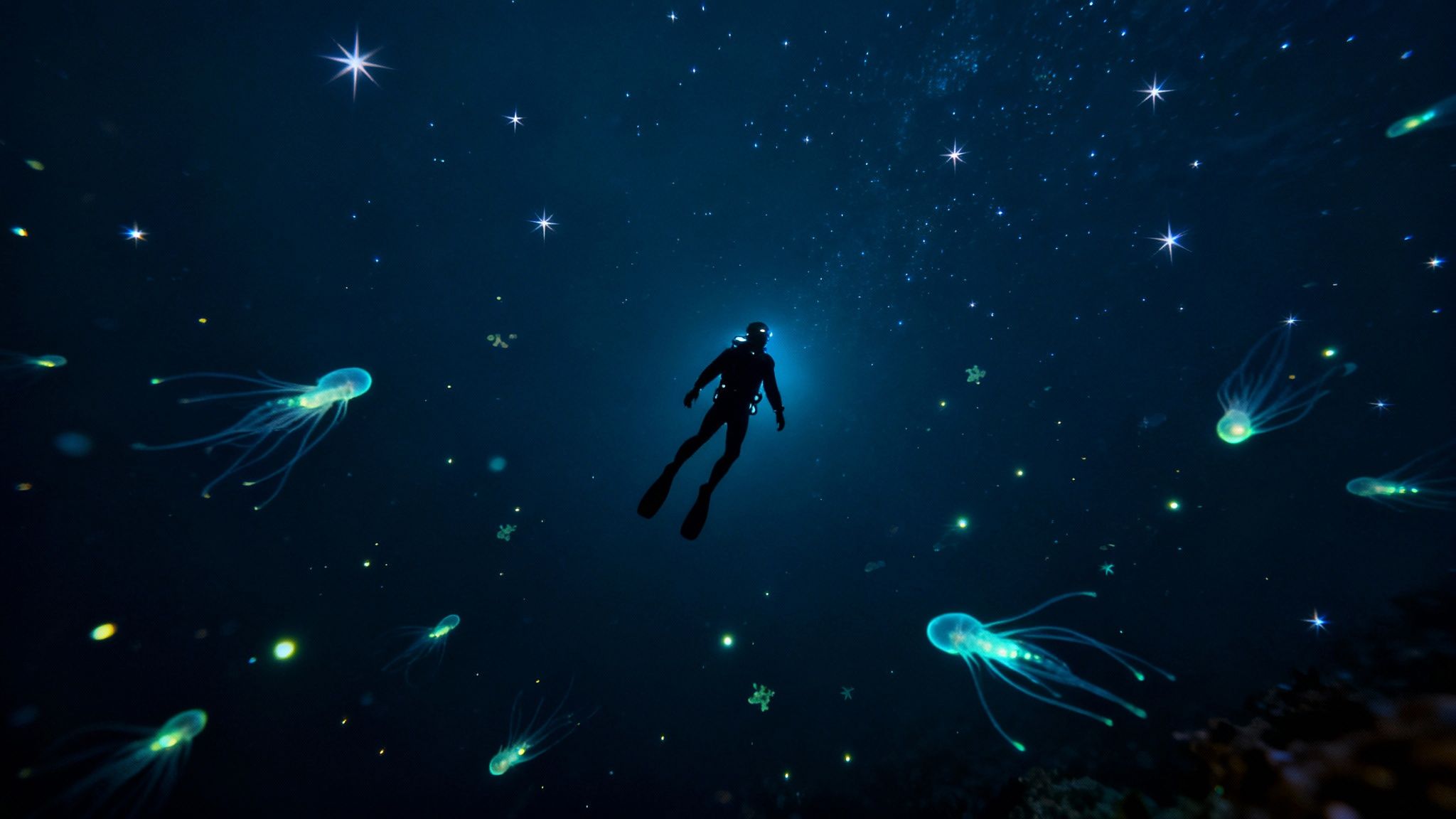 A scuba diver shines a light into the deep, dark ocean during a blackwater dive on the Big Island of Hawaii, revealing strange, bioluminescent creatures.