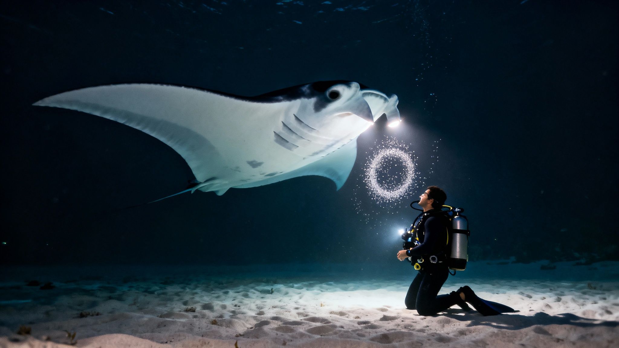 A diver shines a light on a majestic manta ray and a ring of bubbles underwater.