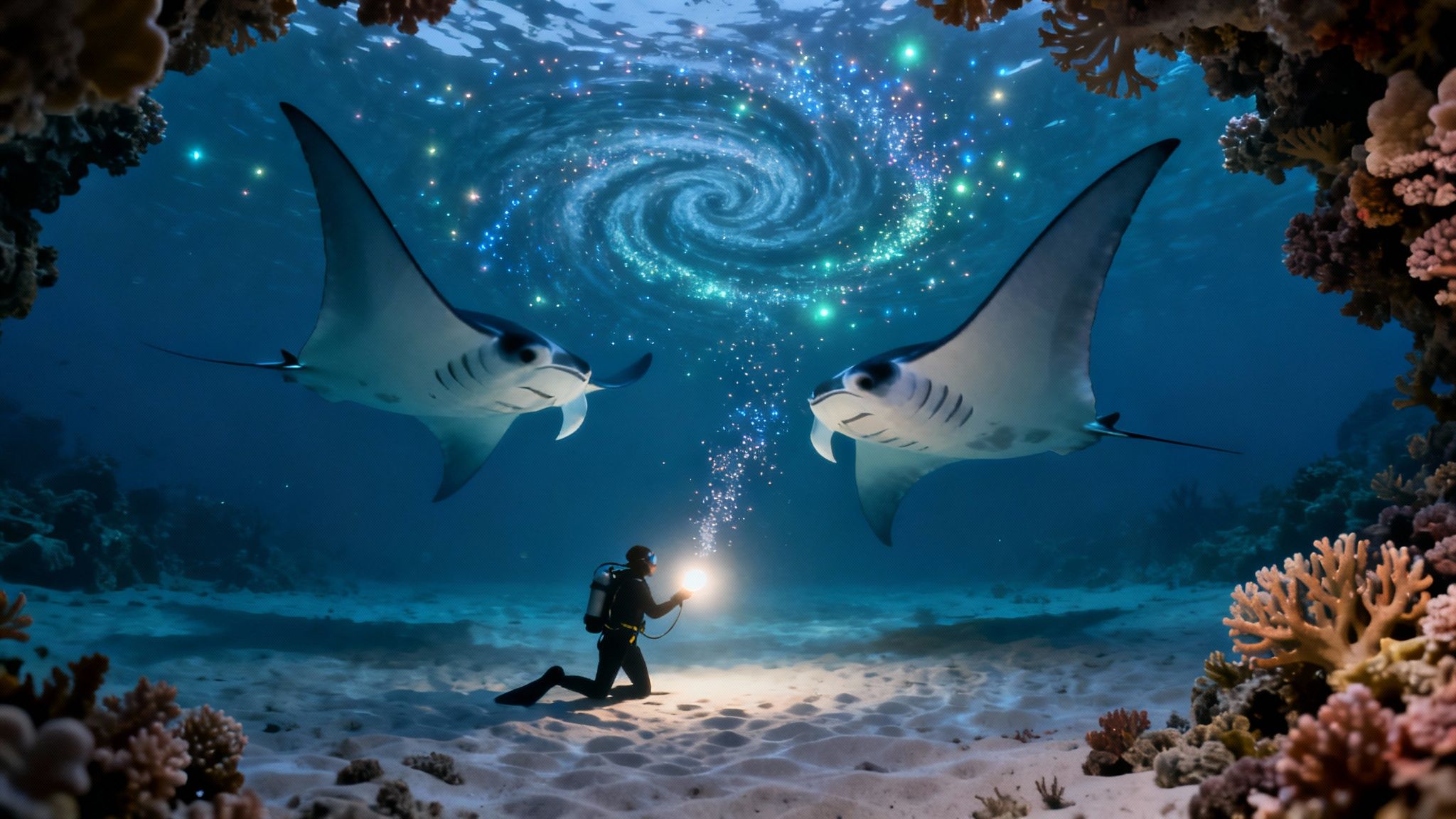 A diver on the seabed holds a glowing orb, attracting two manta rays under a shimmering cosmic swirl.