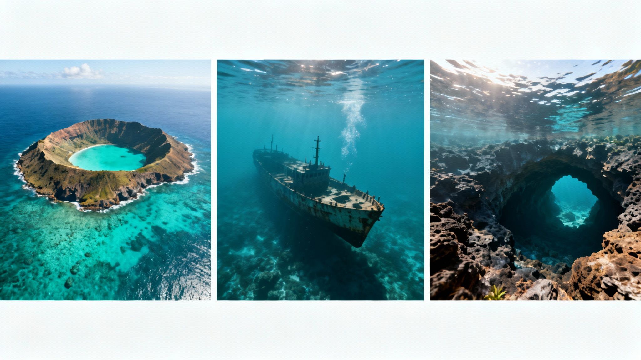 A triptych of a volcanic island with a turquoise lake, an underwater shipwreck, and a natural ocean cave.