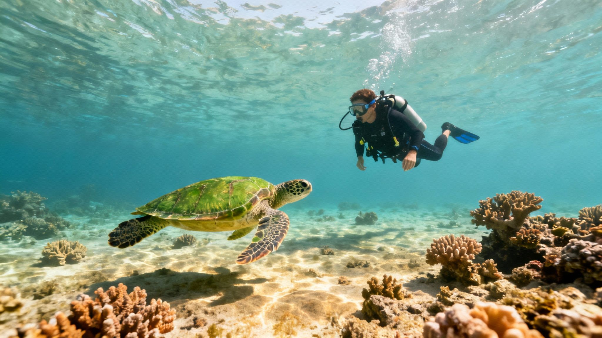 A scuba diver observes a green sea turtle swimming gracefully over a vibrant coral reef.