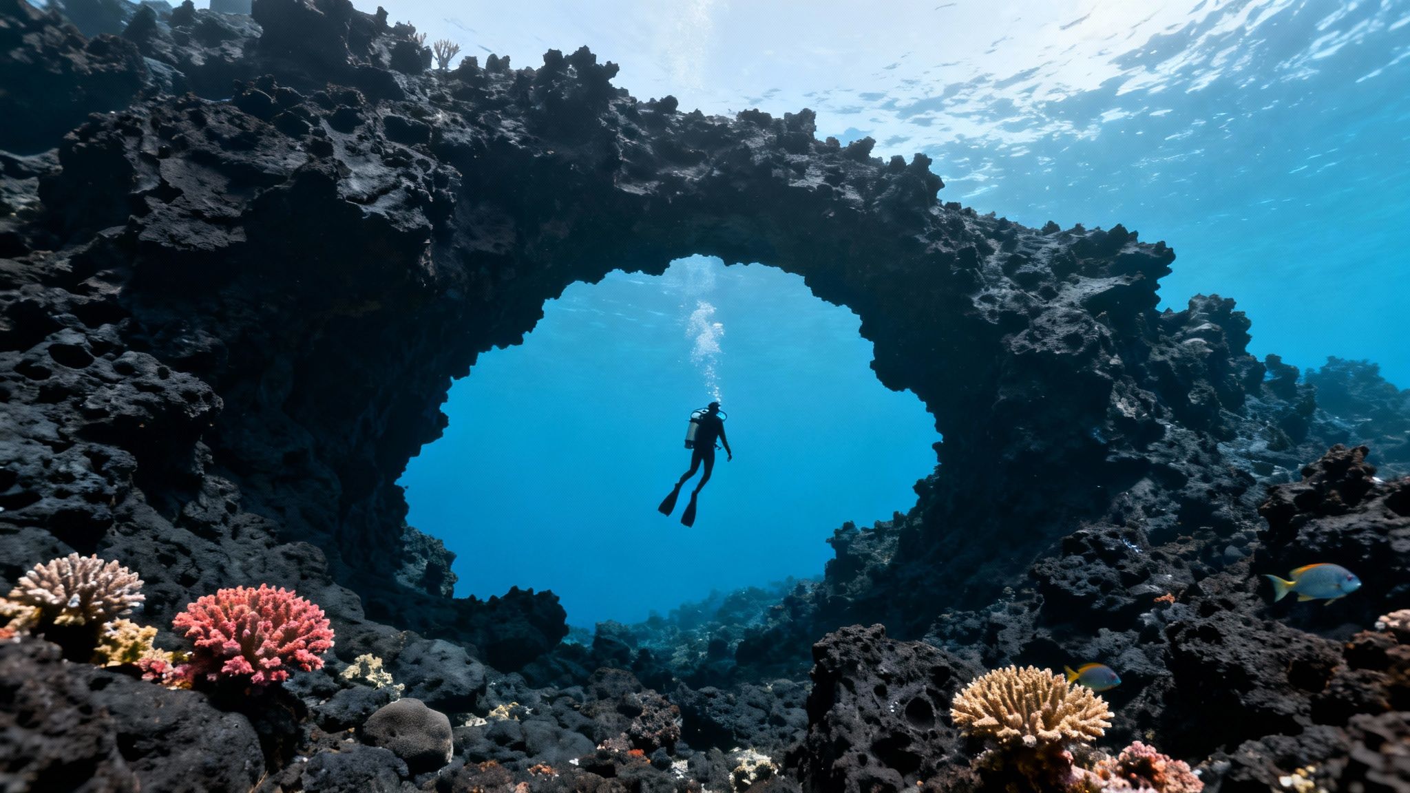 A scuba diver swims over a coral reef with a sea turtle nearby in the clear blue waters of the Big Island, Hawaii.