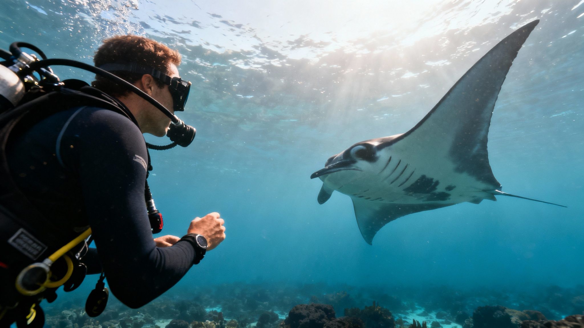 A close-up shot of a manta ray's underside as it glides through the water, with its distinct spot patterns visible.