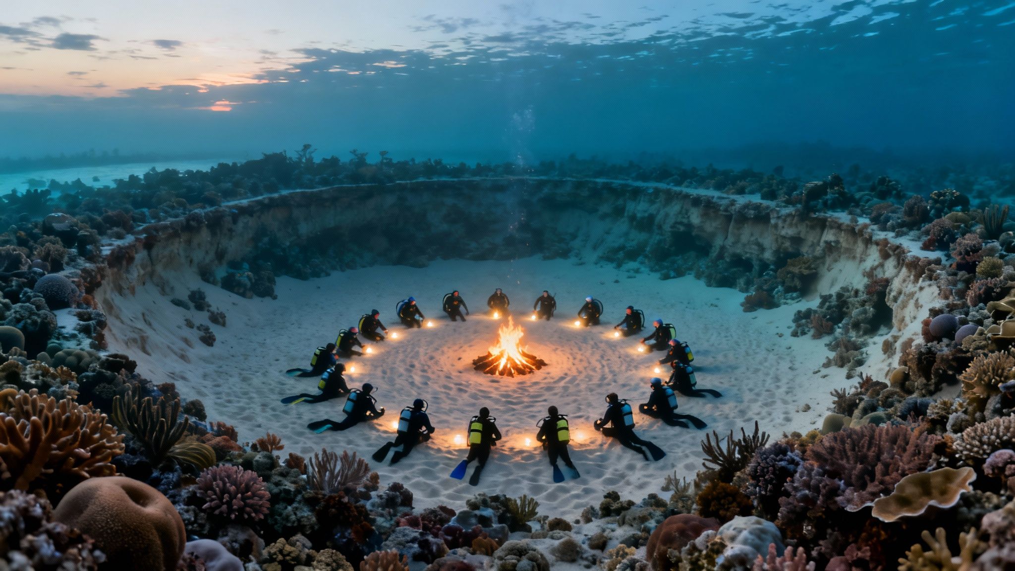 Underwater scene with divers in a circle around a glowing light, surrounded by vibrant coral reefs under a sunset sky.